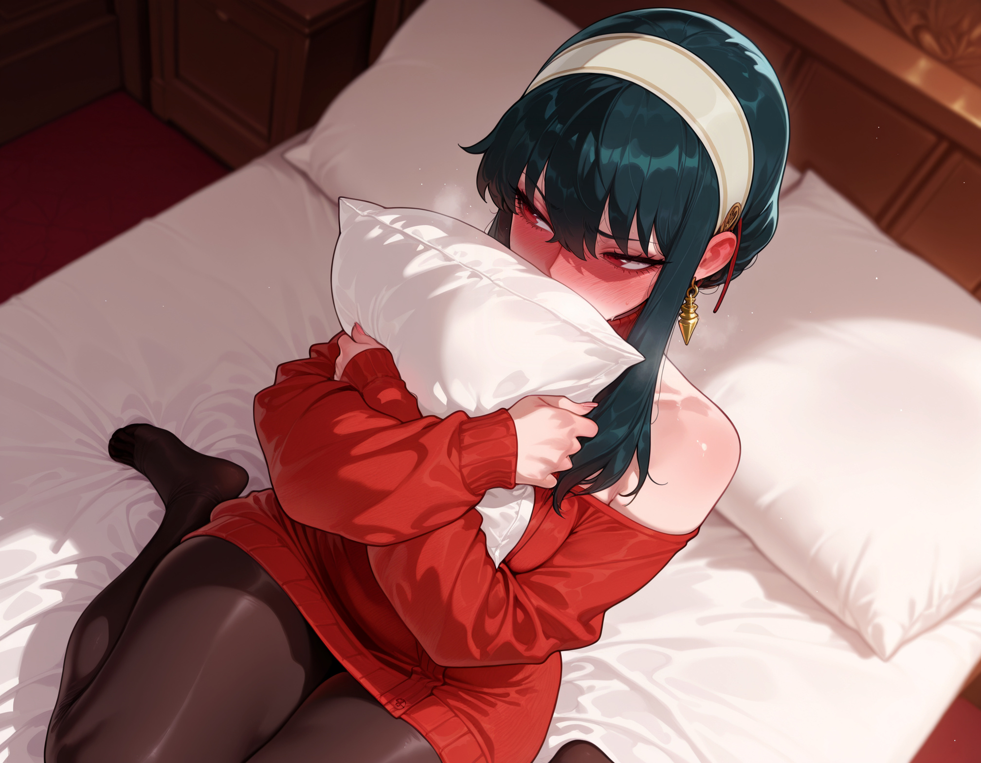1girls, ai generated, balecxi, bangs, bare shoulders, bed, bed sheet, bedroom, black hair, black legwear, black pantyhose, blush, breasts, brown pantyhose, clothing, curvaceous, curvaceous female, curvaceous figure, curvy, curvy figure, dress, ear blush, earrings, female, female focus, female only, full-face blush, gold earrings, hairband, headwear, hugging object, indoors, jewelry, large breasts, legwear, long hair, long sleeves, no shoes, nose blush, off shoulder, off-shoulder sweater, on bed, pantyhose, pillow, pillow hug, red eyes, red sweater, sidelocks, sitting, solo, spy x family, sweat, sweater, sweater dress, thighs, voluptuous, voluptuous female, wariza, white hairband, yor briar, yor forger
