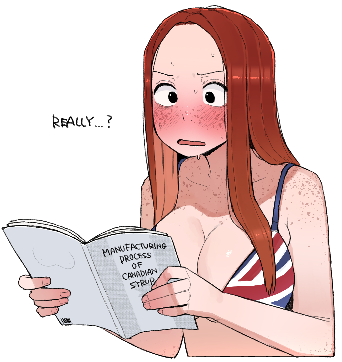 1girls, big breasts, bikini, black eyes, blue bikini, book, breasts, busty, collarbone, cropped torso, english text, female, female only, flag print, flag print bikini, freckles, highres, holding, holding book, large breasts, long hair, multicolored bikini, national personification, ohasi, open book, open mouth, original, print bikini, reading, red bikini, red hair, shiny skin, simple background, solo, surprised, sweat, swimsuit, union jack, union jack bikini, united kingdom (ohasi), upper body, voluptuous, wide-eyed