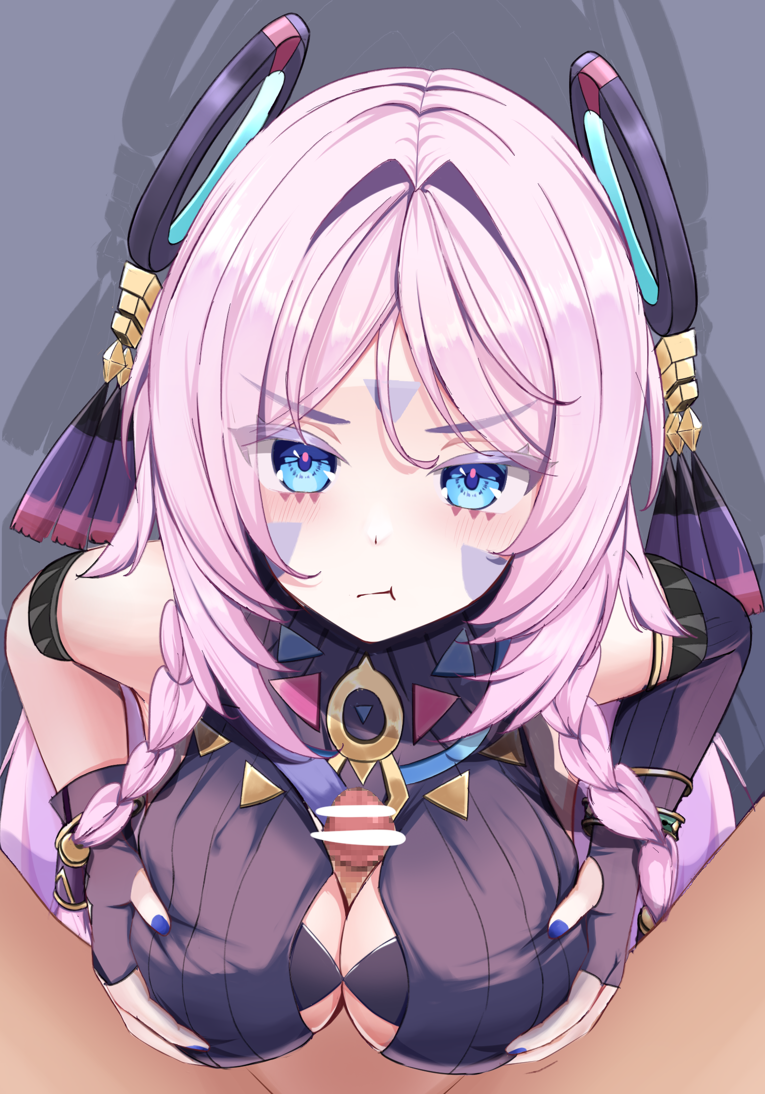 :t, 1boy, 1girls, bare shoulders, black bra, blue eyes, blush, bra, braid, breasts, breasts squeezed together, censored, citlali (genshin impact), facial mark, feathers, female, floating headgear, forehead mark, genshin impact, grabbing own breast, hair ornament, headgear, highres, hoyoverse, light skin, light-skinned female, light-skinned male, long hair, looking at viewer, male, male pov, medium breasts, mihoyo, moni (moni7475), mosaic censoring, paizuri, paizuri under clothes, penis, pink hair, pink pupils, pov, pov crotch, purple feathers, ring hair ornament, triangle, triangle facial mark, twin braids, underwear, upper body
