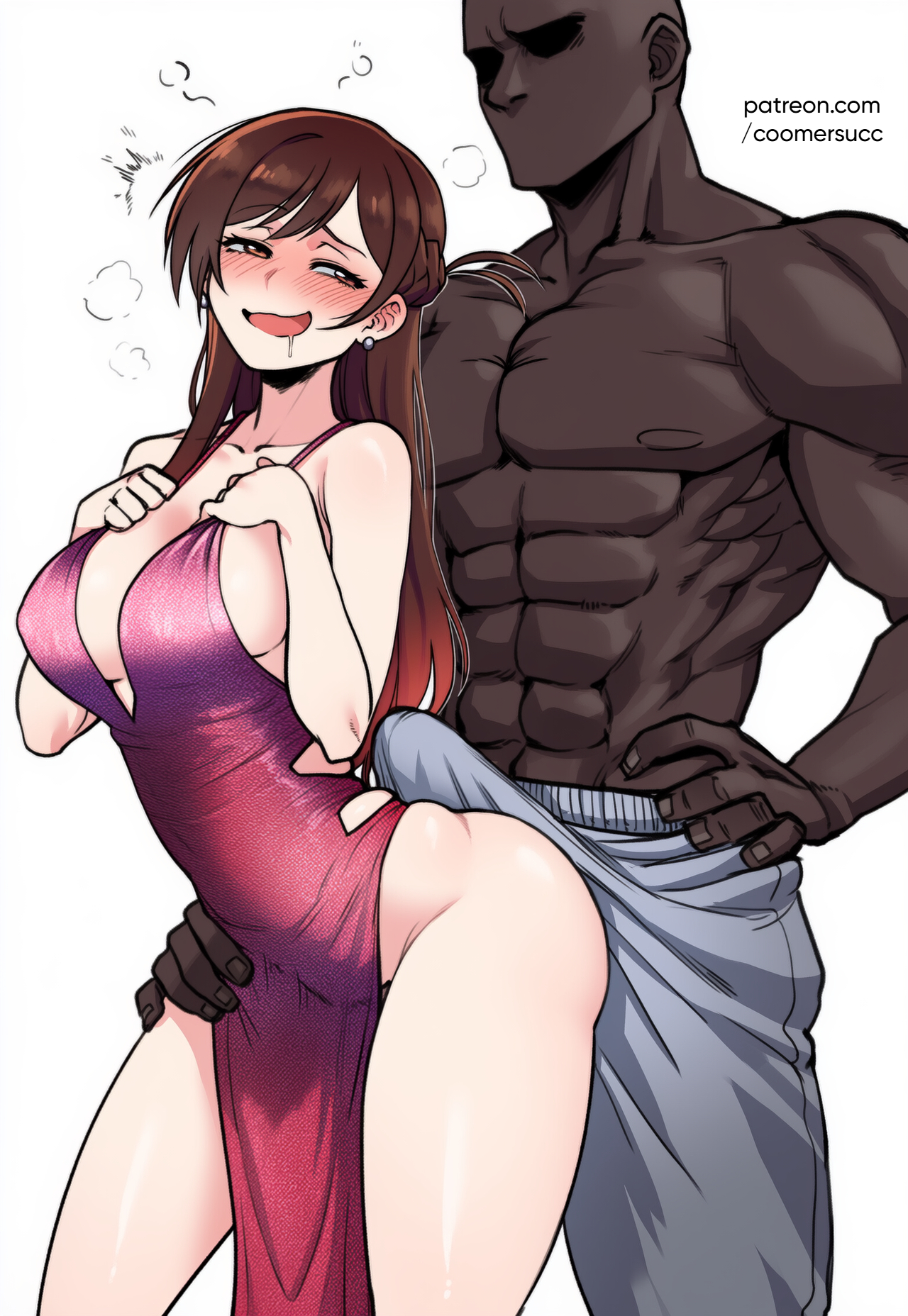 1boy, 1girls, ai generated, bare arms, bare shoulders, big breasts, big penis, breasts, color, coomersucc, dark skin, dark-skinned male, dress, female, hi res, interracial, kanojo okarishimasu, large breasts, light skin, light-skinned female, looking pleasured, male, male/female, mizuhara chizuru, muscles, muscular, muscular male, netorare, ntr, penis, penis on ass, pleasure face, thick thighs