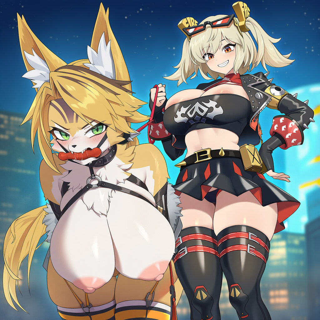 1girls, 2girls, ai generated, animal ears, areolae, bangs, blonde hair, blush, breasts, bsdm, burnice white, collar, female, fur trim, furry female, gag, gloves, green eyes, grin, hand on hip, hanging breasts, huge breasts, large breasts, leash, long hair, looking at viewer, night, nipples, owned bitch, petplay, pulchra fellini, racerai, sky, smile, starry sky, tail, thighhighs, tongue, twintails, zenless zone zero