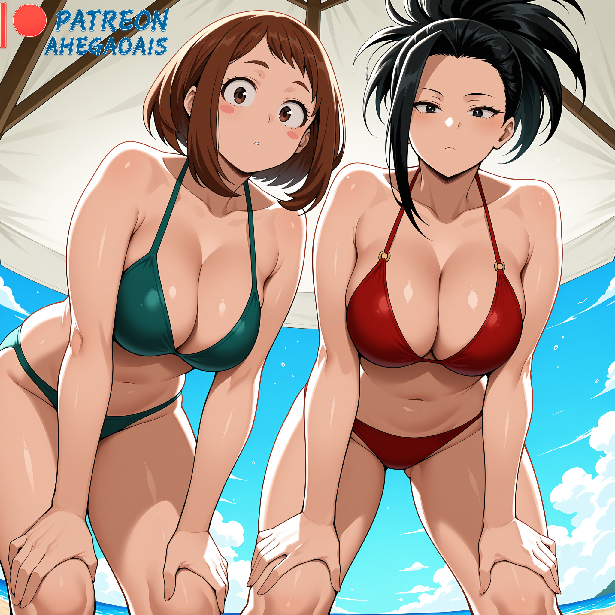 2d, 2d (artwork), 2d artwork, 2girls, ahegao ai, ai generated, bikini, bikini bottom, bikini top, black hair, black-haired female, boku no hero academia, brown hair, brown-haired female, clothing, female, female focus, female only, momo yaoyorozu, my hero academia, ochako uraraka, patreon, patreon link, patreon logo, patreon url, patreon username, sexy, sexy body, sexy pose, watermark