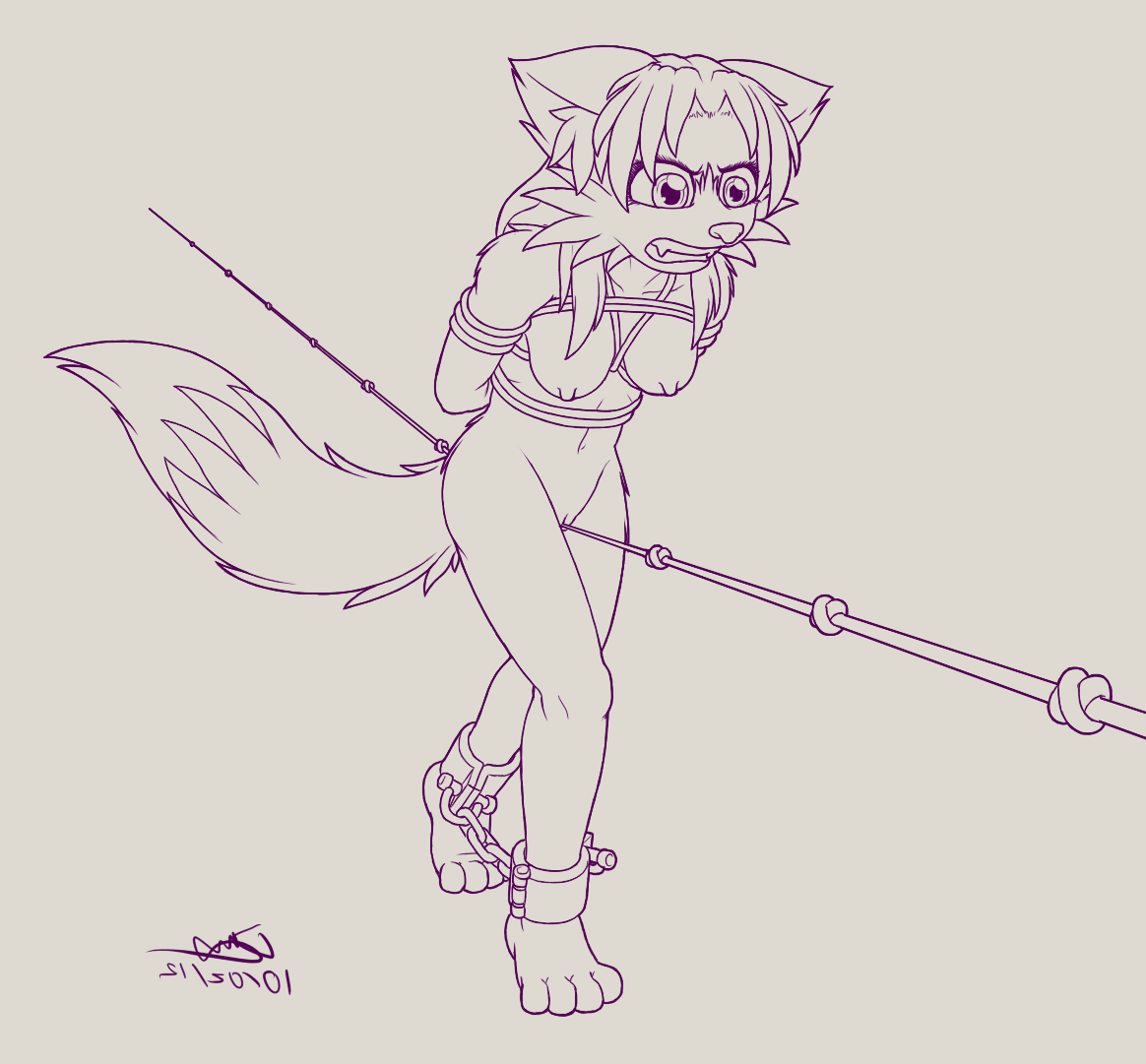 anthro barefoot bluecactus bondage bound breasts canine female fox fur furry hindpaw nipples nude paws pussy rope shackles slave