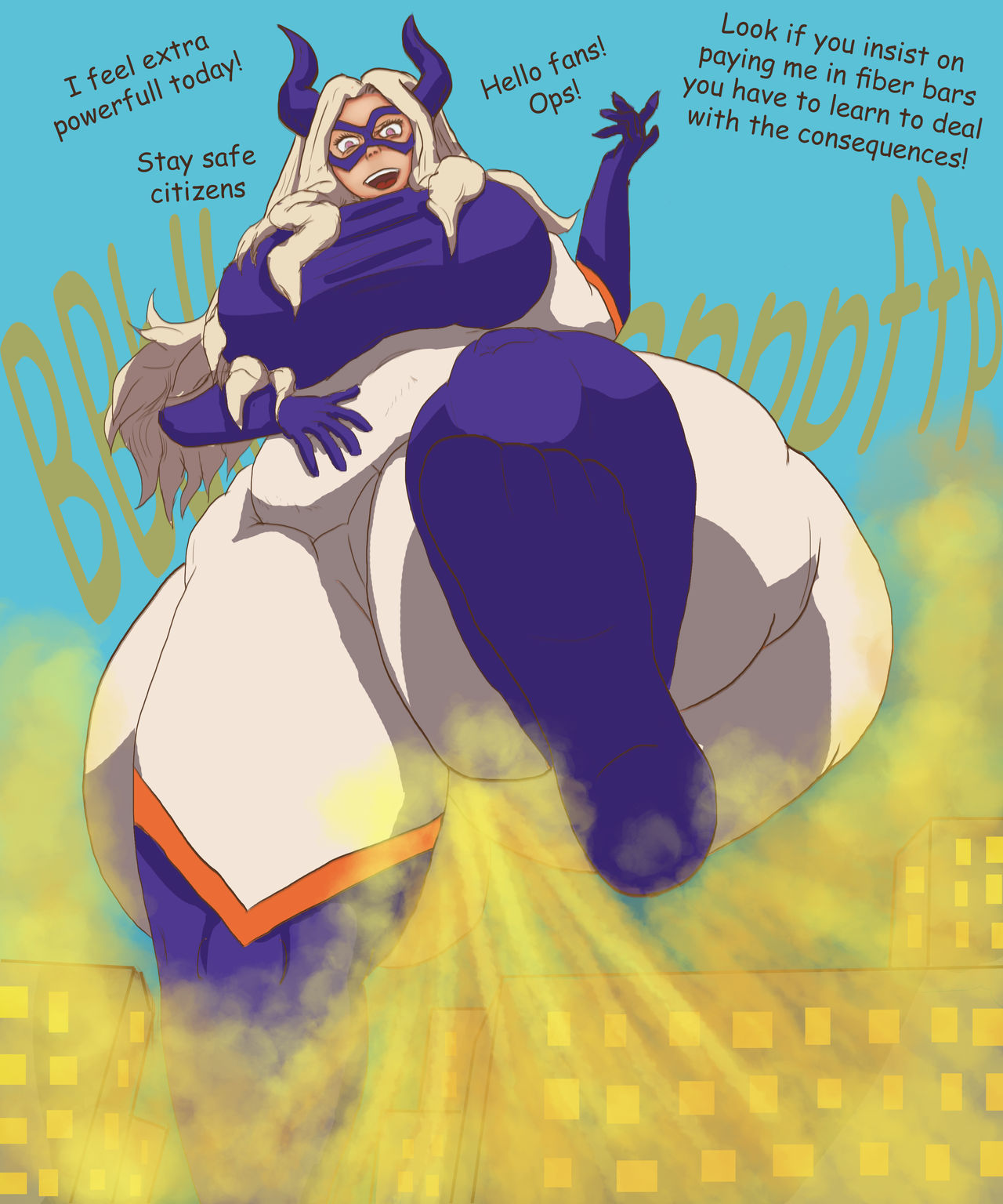 1girls, alternate version available, ass, big ass, big breasts, blonde hair, blush, boku no hero academia, bottom heavy, bottom heavy female, breasts, building, chubby, chubby female, fart, fart cloud, fart fetish, farting, female, giantess, huge ass, huge fart, inexorablecompulsio, larger female, mount lady, my hero academia, takeyama yuu, thick thighs