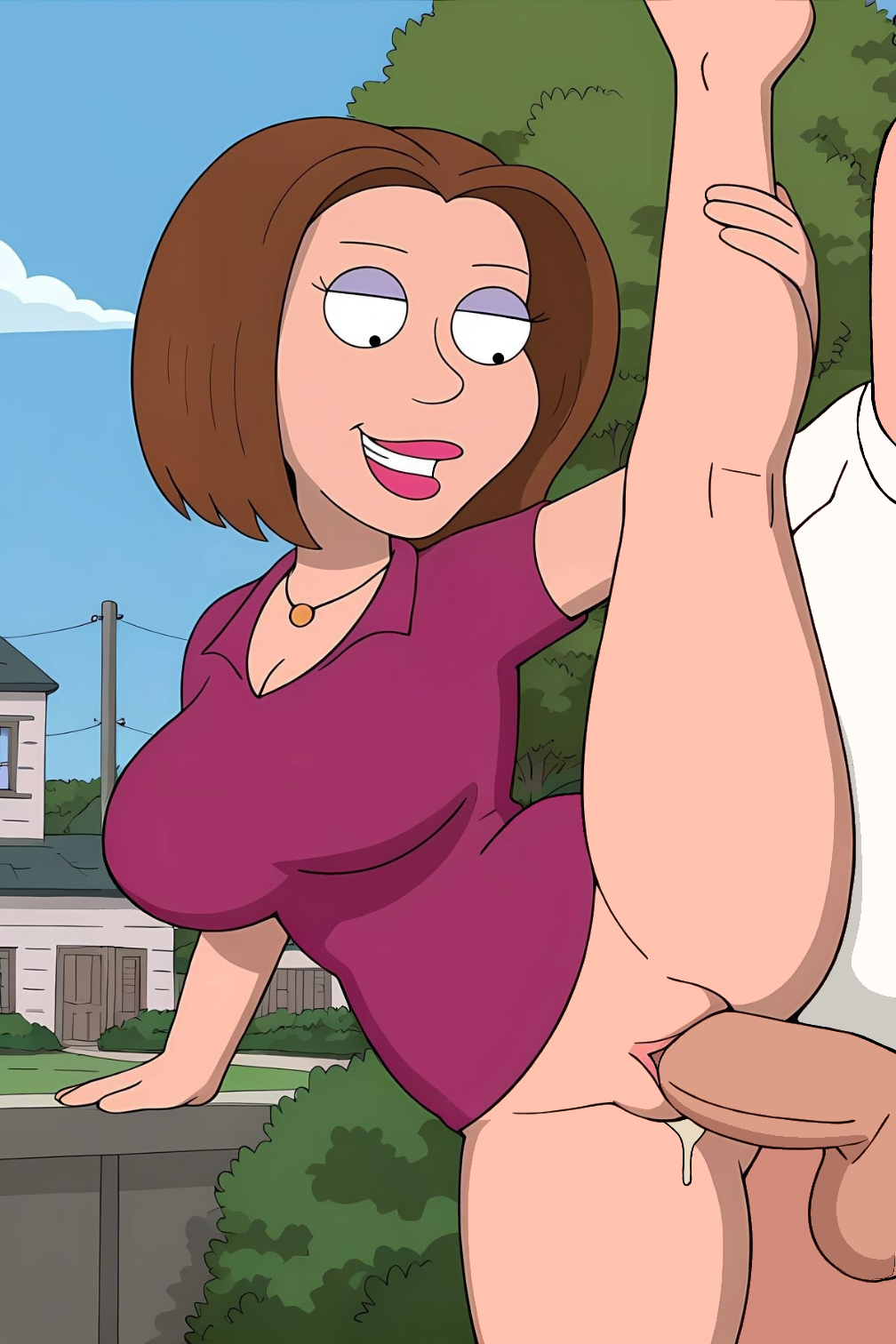 1boy, 1girls, 20th century fox, 20th century studios, balls, big breasts, breasts, brown hair, cheating husband, clothing, cum, cum in pussy, duo, ejaculation, faceless male, family guy, female, female focus, genitals, gretchen mercer, human, human on human, light skin, light-skinned female, light-skinned male, lipstick, male, male/female, mammal, mature, mature female, mature male, no pants, not ai generated, outdoors, peter griffin, purple shirt, pussy, sex, standing split, straight, straight sex, testicles