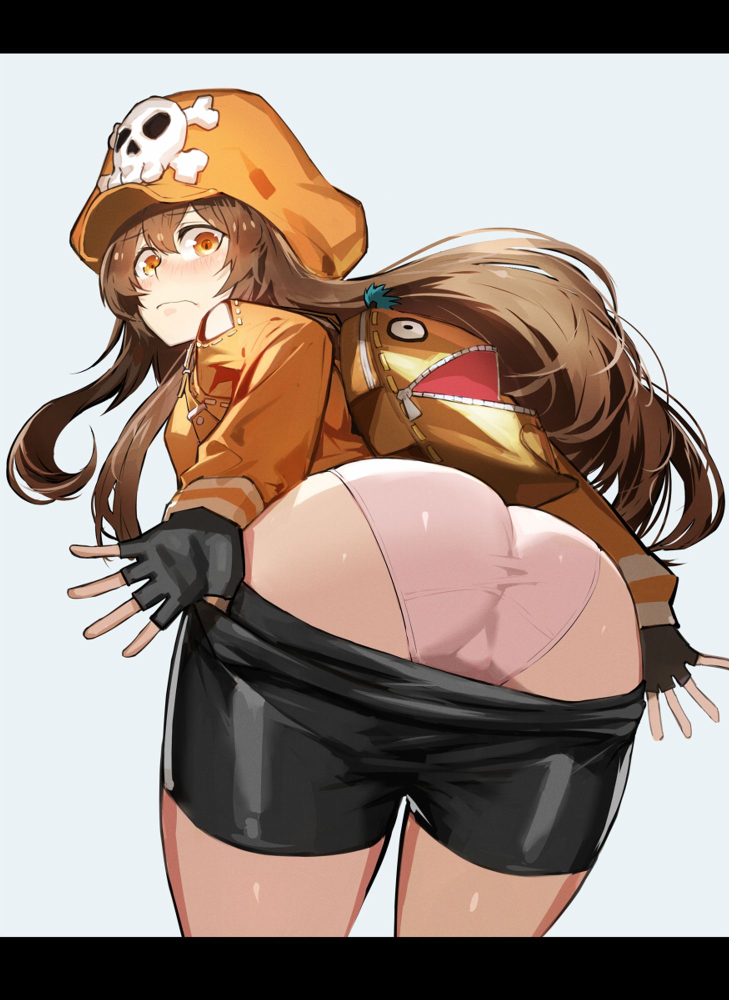 ass, ass focus, big ass, bike shorts, black shorts, blush, brown eyes, brown hair, cameltoe, clothes pull, embarrassed, female, female only, fingerless gloves, from behind, from below, full back panties, gloves, guilty gear, guilty gear strive, hat, highres, huge ass, kasei yukimitsu, leaning, leaning forward, long hair, looking at viewer, looking back, may (guilty gear), panties, pirate hat, pussy, short shorts, shorts, shorts pull, skull and crossbones, solo, underwear, very long hair