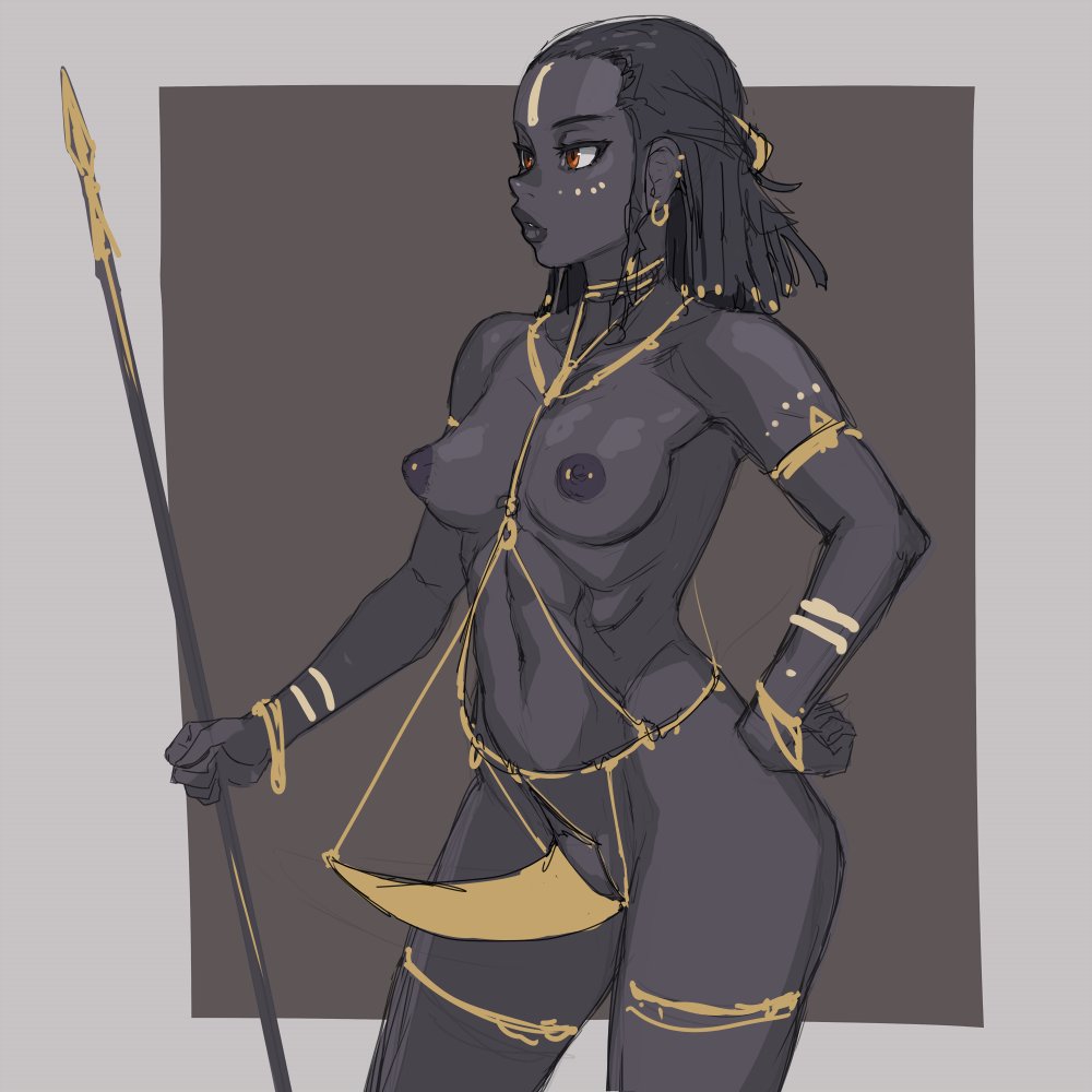 1girls, black hair, brown eyes, earrings, female, holding, koteka, lips, mikoyan, muscular, nipples, sketch, solo, tribal, very dark skin
