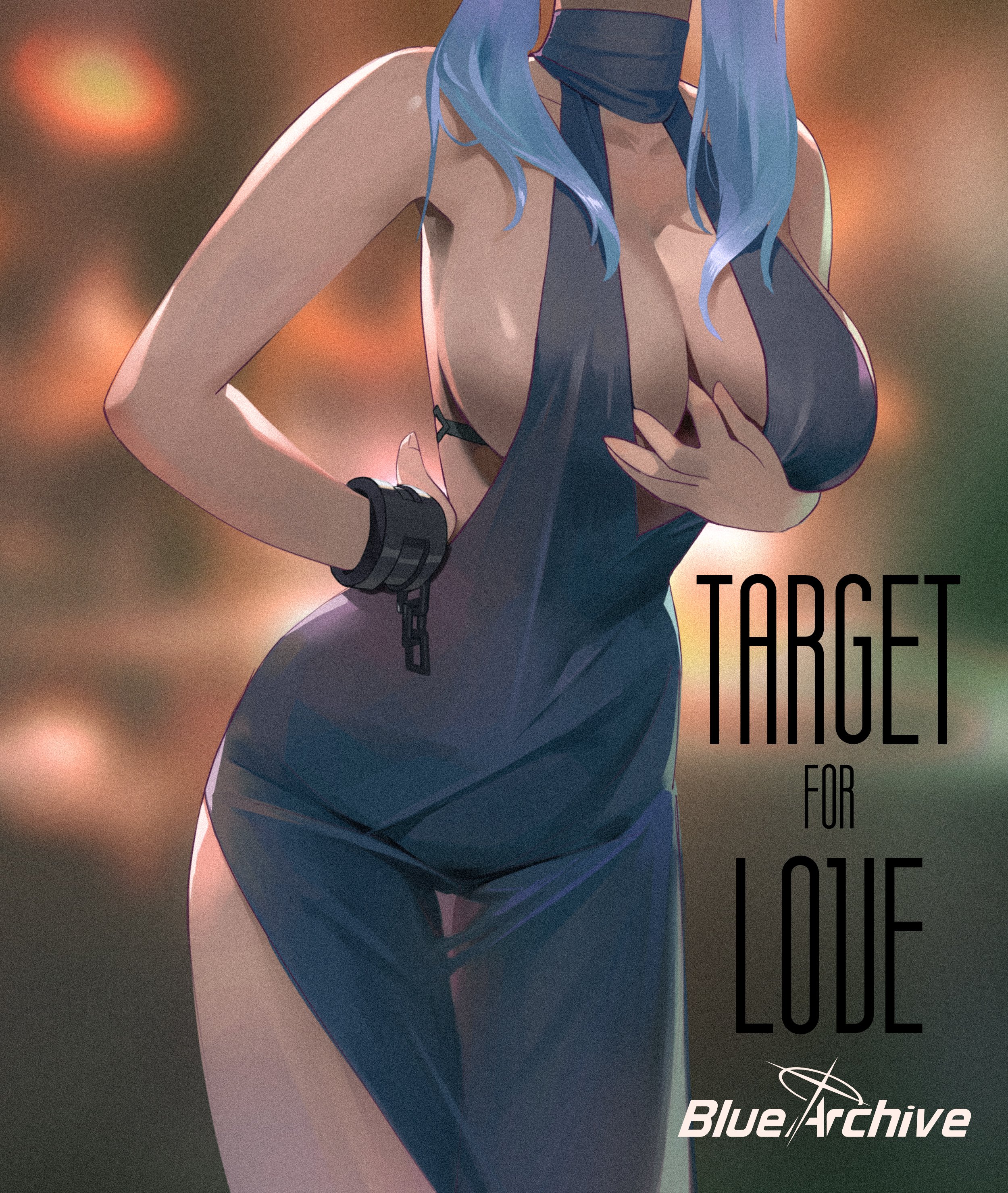 1girls, absurdres, ako (blue archive), ako (dress) (blue archive), bare shoulders, blue archive, blue dress, blue hair, breasts, cleavage, cleavage cutout, clothing cutout, covered navel, cuffs, dress, english text, female, female only, halter dress, halterneck, hand on own hip, head out of frame, highres, korean commentary, large breasts, leaning forward, medium hair, midfinger, see-through clothes, see-through dress, shackles, side slit, sideboob, sleeveless, sleeveless dress, solo, standing, thigh gap