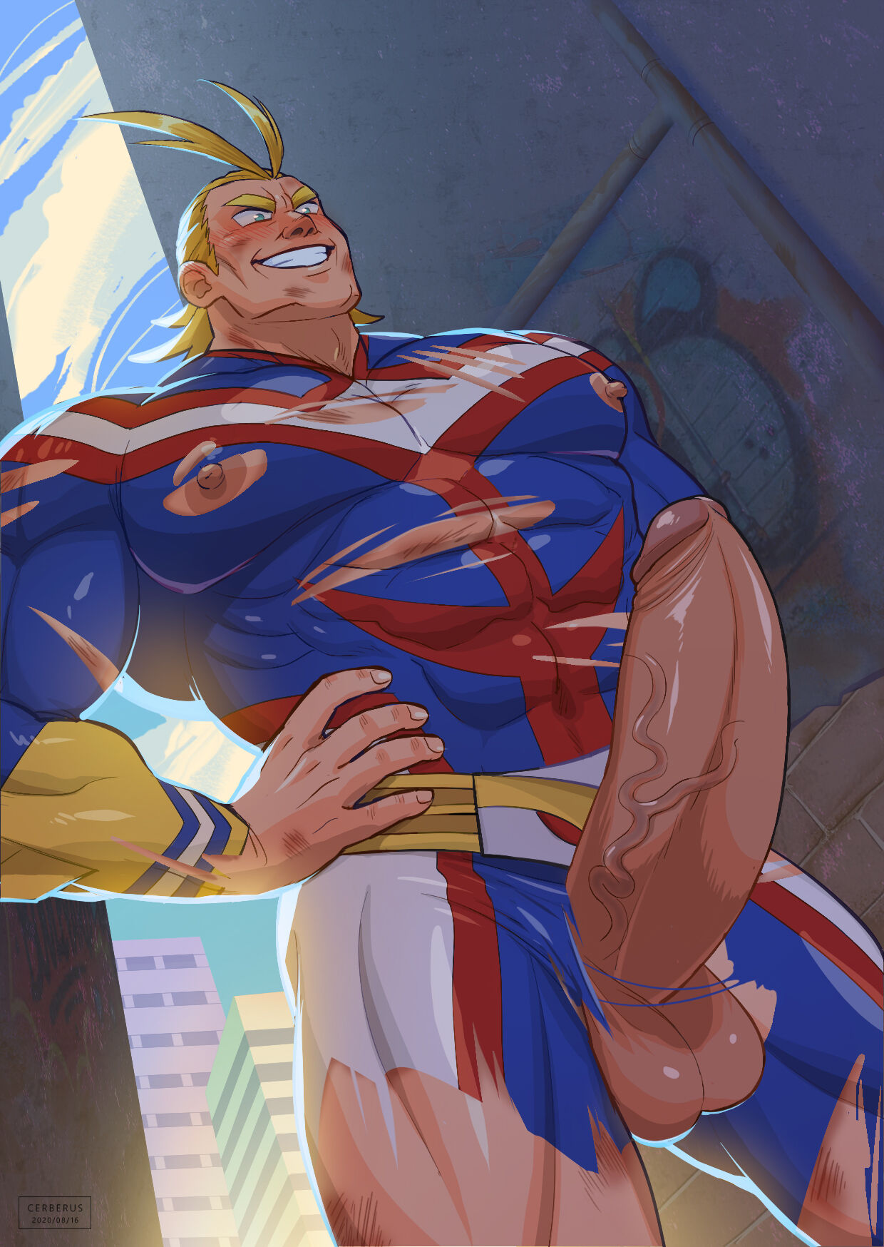1boy all_might bara barazoku big_penis blonde_hair blue_eyes blush cock_focus cock_worship erect_nipples erect_penis exposed_penis gay grin hands_on_hips huge_cock image_sequence image_set male male_focus male_only masculine masculine_male massive_penis mature_male muscles muscular muscular_male my_hero_academia nipples_exposed nipples_visible_through_clothing penis_focus penis_worship ripped_bodysuit ripped_clothing scars scratches smile solo solo_male superhero toshinori_yagi veiny_penis wounded yaoi