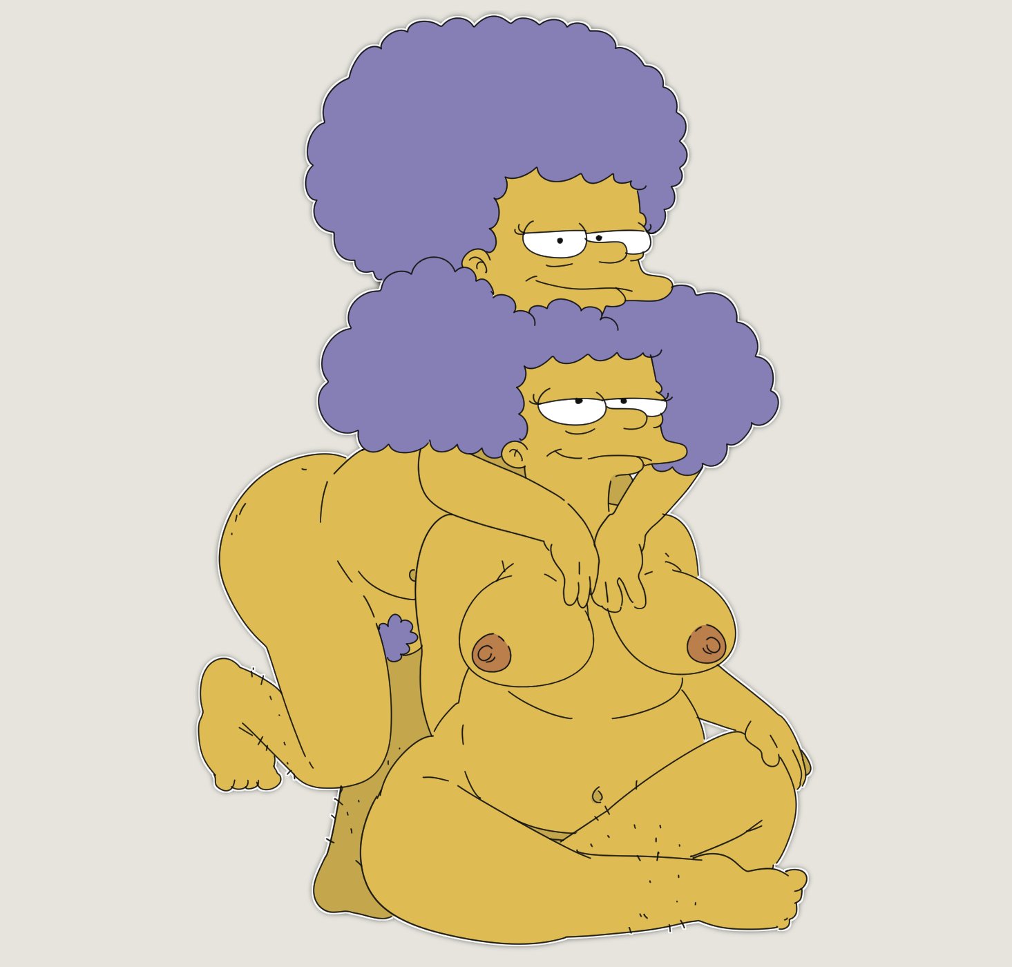 20th century fox, 20th century studios, 2girls, arms above head, belly, bent over, breasts, chubby, chubby female, duo, eyelashes, fat, fat belly, fat female, female, female only, hairy legs, head on head, human, human only, jodero, leg hair, legs crossed, looking at viewer, mammal, mature, mature female, nipples, nude, nude female, overweight, overweight female, patty bouvier, pubic hair, purple hair, selma bouvier, siblings, simple background, sisters, sitting, smiling, smiling at viewer, the simpsons, twins