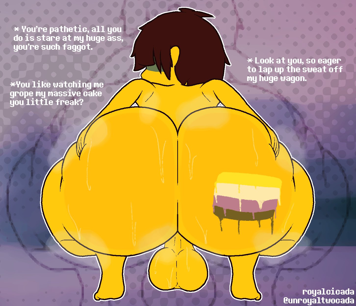 ass bigger than head, ass focus, balls, big ass, big balls, big butt, brown hair, degradation, deltarune, dialogue, fag, faggot, flag, hands on ass, hanging balls, homophobic slur, huge ass, huge balls, huge butt, kris (deltarune), looking at viewer, looking back, low hanging balls, nonbinary, nonbinary flag, nonbinary pride colors, royalcicada, sinking grip, slur, solo, squatting, sweat, text, undertale (series), yellow body, yellow skin, yellow skinned