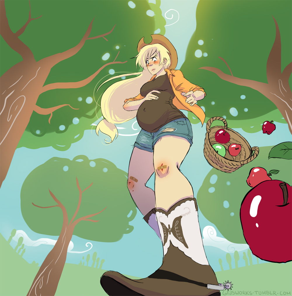 2d 2d_(artwork) apple applejack_(mlp) apples artist_name artist_website background blush blush_lines blushing clothed clothed_female clothing equestria_girls farm farmgirl friendship_is_magic from_below fully_clothed glasworks hat my_little_pony plaster pregnant shorts solo solo_female tagme tree trees