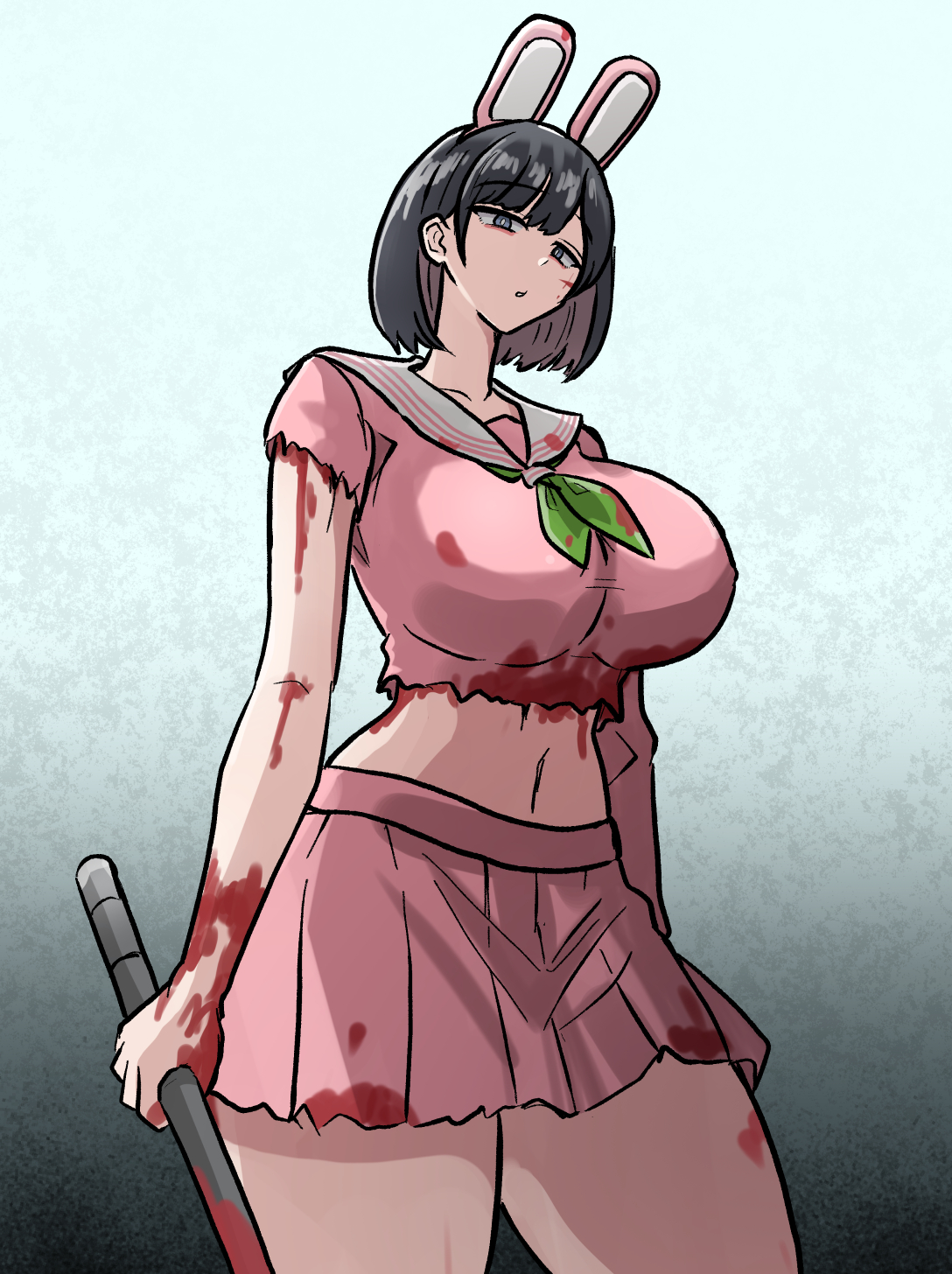 1girls, amon, amon higu3106, asian, black eyes, black hair, blood, blood on body, blood on clothes, blood on face, breasts, fake animal ears, female, green neckerchief, hinako shimizu, holding, holding lead pipe, human, konami, large breasts, lead pipe, looking at viewer, midriff, navel, pale skin, pink serafuku, pink skirt, pleated skirt, rabbit ears, robbie the rabbit, sailor collar, serafuku, short hair, silent hill, silent hill f, skirt, solo, suggestive look, white sailor collar