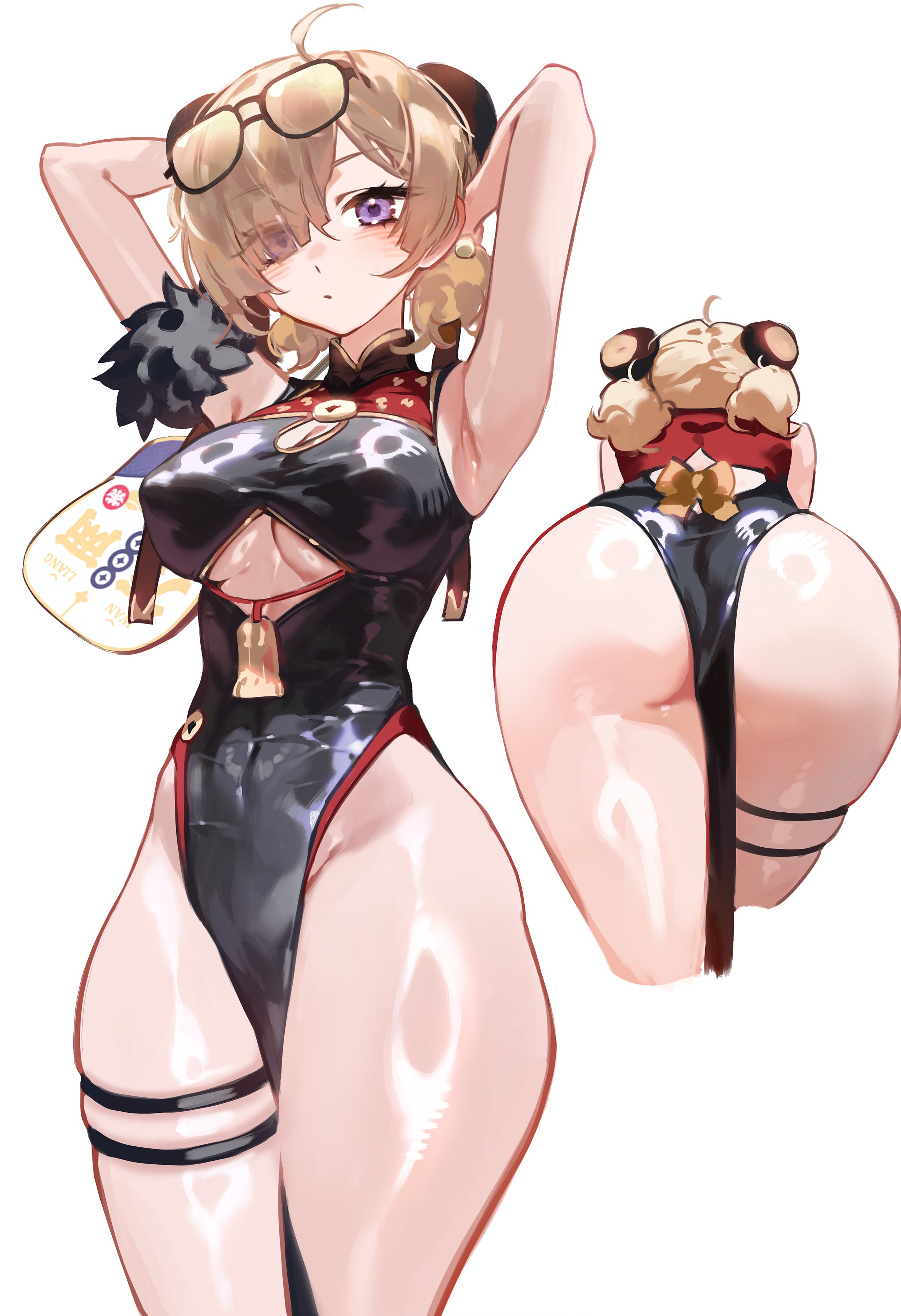 1girls, absurdres, ahoge, armpits, arms behind head, ass, bent over, big ass, black dress, blonde hair, blush, breasts, china dress, chinese clothes, cleavage, cleavage cutout, closed mouth, clothing cutout, cropped legs, cutout above navel, dress, eyes visible through hair, eyewear on head, feet out of frame, female, foolish potato, glasses, hair over one eye, hashtag-only commentary, highres, huge ass, large ass, large breasts, looking at viewer, medium breasts, multiple views, no panties, pelvic curtain, purple eyes, shiny clothes, shiny skin, simple background, sleeveless, sleeveless dress, slim waist, standing, sweety (zenless zone zero), thick, thick ass, thick thighs, thigh strap, thighs, underboob cutout, white background, wide hips, zenless zone zero