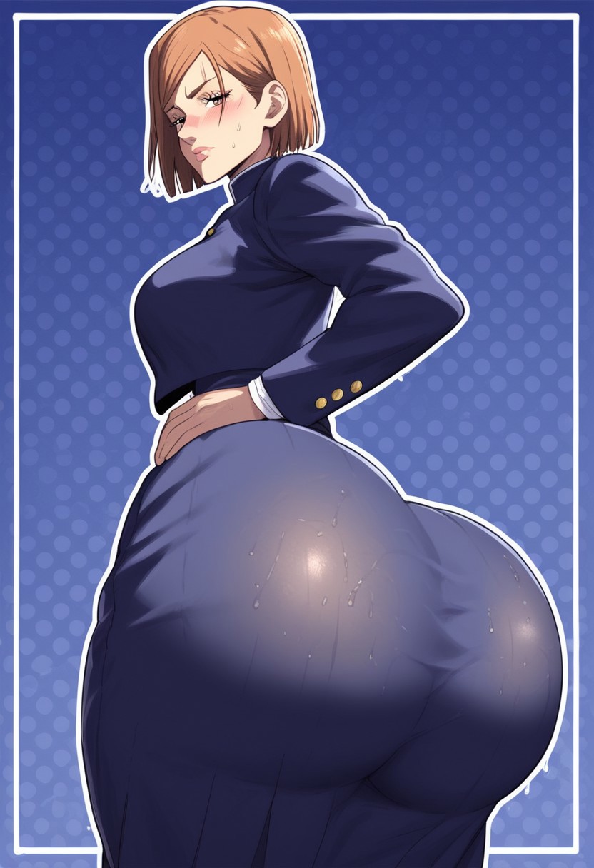 1girls, ai generated, ass, ass focus, back view, big ass, big butt, big thighs, bob cut, brown eyes, brown hair, bubble ass, bubble butt, butt focus, enormous ass, enormous butt, enormous thighs, fat ass, fat butt, female, female only, huge ass, huge butt, huge thighs, jacket, jujutsu kaisen, kugisaki nobara, lips, long skirt, massive ass, massive butt, massive thighs, nobara kugisaki, school uniform, short hair, skirt, solo, sweat, sweaty, sweaty ass, sweaty body, sweaty butt, thick, thick ass, thick butt, thick thighs, thighs, tight clothing, zeca997