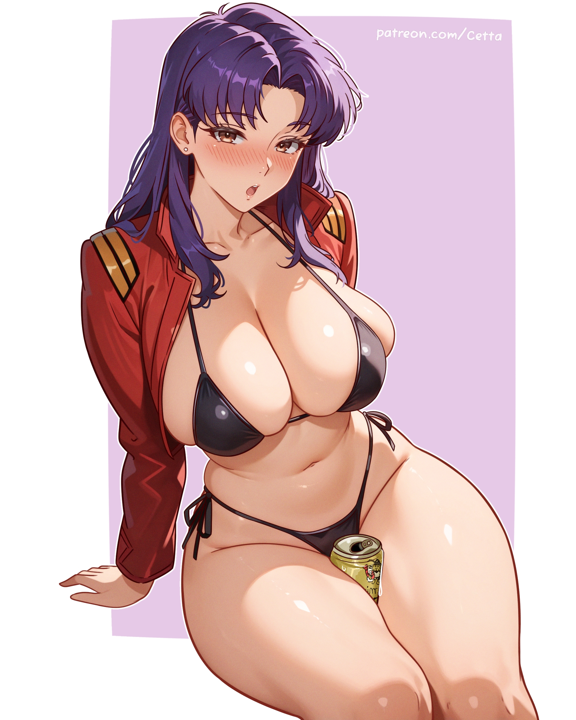 1girls, alternate version available, beer, beer can, big breasts, bikini, bikini bottom, bikini top, black bikini, blush, bottomwear, breasts, brown eyes, cetta (cettadvd), cleavage, ear piercing, earrings, female, female only, hair, huge breasts, jacket, long hair, mature, mature female, mature woman, misato katsuragi, neon genesis evangelion, object between thighs, open jacket, purple hair, red jacket, solo, solo female, swimwear, thick thighs, thighs, topwear