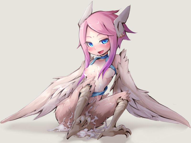 1girls bangs blue_eyes blush breasts bukkake cum cum_on_body cum_on_breasts cum_on_upper_body dgallon earrings feathers gradient_hair grey_background harpy harpy_(mon-musu_quest!) jewelry looking_at_viewer monster_girl monster_girl_quest multicolored_hair payot pink_hair purple_hair shadow simple_background source_request talons topless