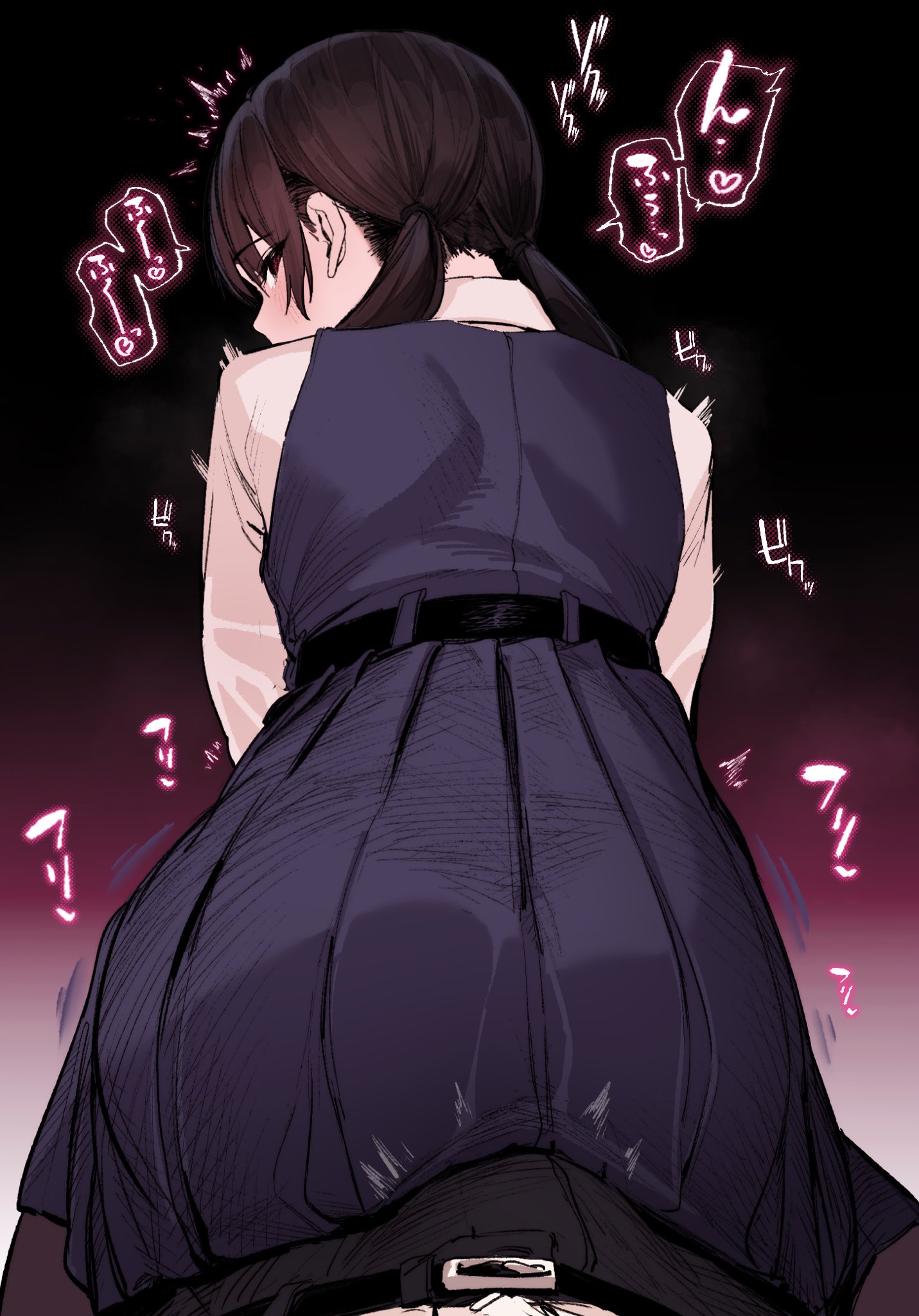 1boy, 1boy1girl, 1boy1girls, 1boys1girls, 1female1male, 1girls, 1male1female, 1males, 1man, 1man1girl, 1man1woman, 1woman1man, 3boys, ass, ass focus, belt, belt buckle, black background, black belt, black pants, blue dress, blush, booty, brown hair, buckle, bulge, butt, butt focus, commentary request, cowgirl position, dress, dry humping, female, female/male, from behind, gradient background, heart, highres, humping, kunikida tomoe (momokumo), long sleeves, looking at viewer, looking back, low twintails, male, male/female, momokumo, original, pants, pinafore dress, pov, pov crotch, red background, red eyes, school uniform, shirt, sleeveless, sleeveless dress, solo focus, spoken heart, straddling, straight, twintails, white background, white shirt