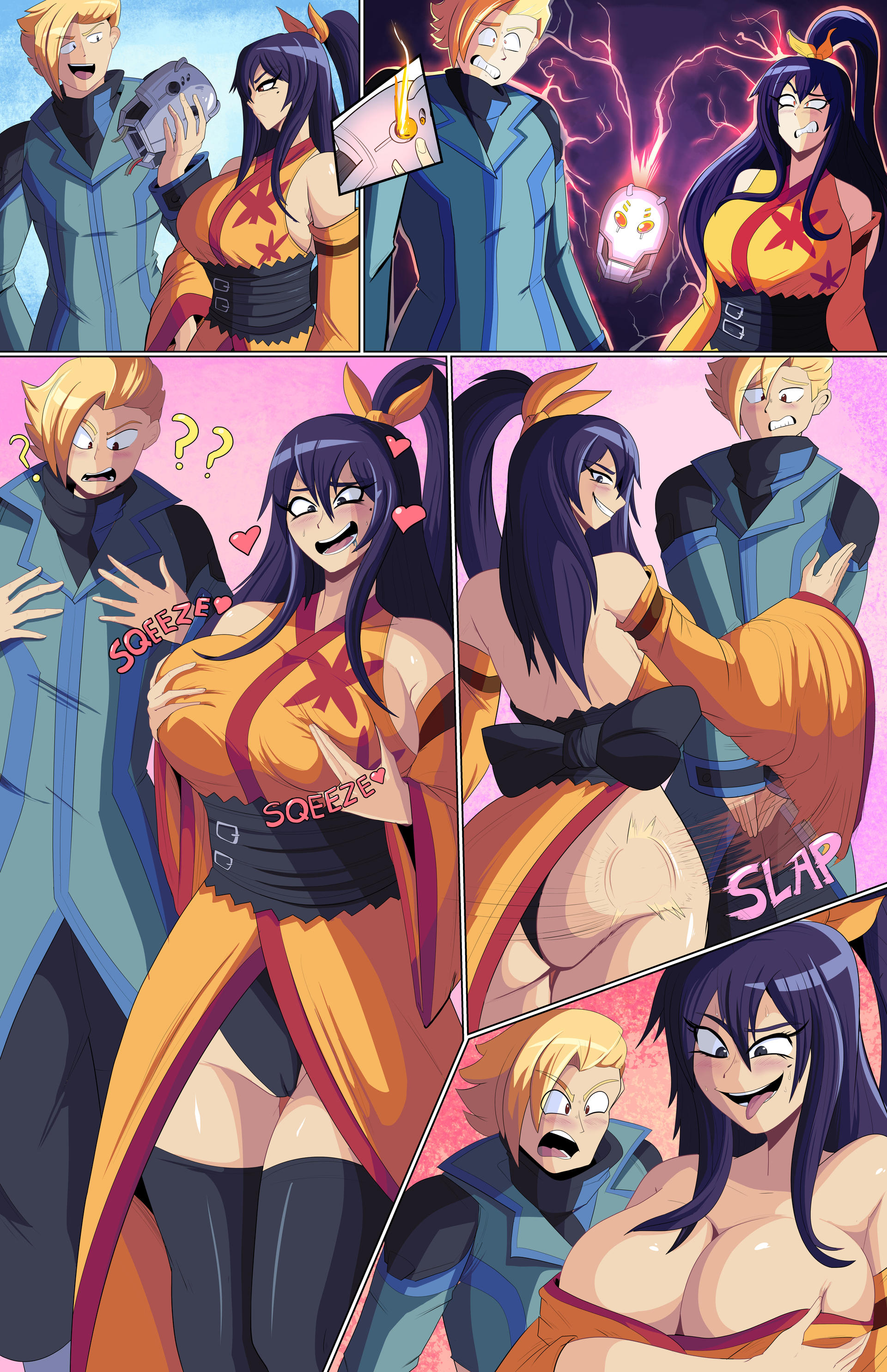 1boy, 1girls, anime, ass, big ass, big breasts, black panties, blonde hair, blonde male, blonde-haired male, blue hair, blue-haired female, body swap, breasts, edens zero, fat ass, female, homura kogetsu, male, male/female, pervert female, purple hair, slapping ass, touching breast, verteeg, weisz steiner