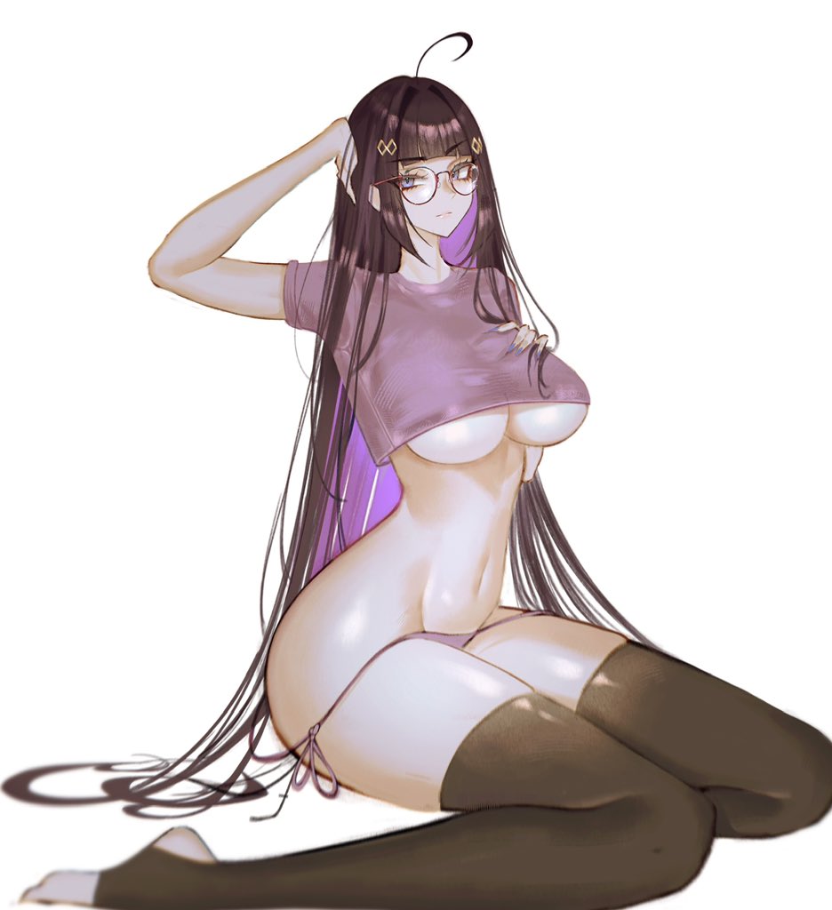bare legs, barefoot, black hair, bob cut, breasts, crouching, crouching female, female, glasses, large breasts, long hair, long legs, looking at viewer, lying on floor, oc, original character, panties, panties down, s7nsles, slim waist, tagme, teenager, thick thighs, thighhighs, underboob, wide hips