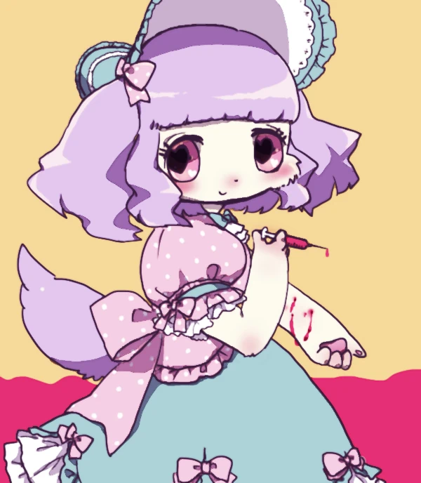 anthro blood blood_leaking bloodletting blush bodily_fluids bow_ribbon clothing dress female fur gore hair headgear headwear heart_eyes heart_symbol multicolored_body multicolored_fur pawpads pink_eyes purple_body purple_fur purple_hair pyonko self-harm solo solo_focus syringe white_body white_fur wound_on_arm wounded