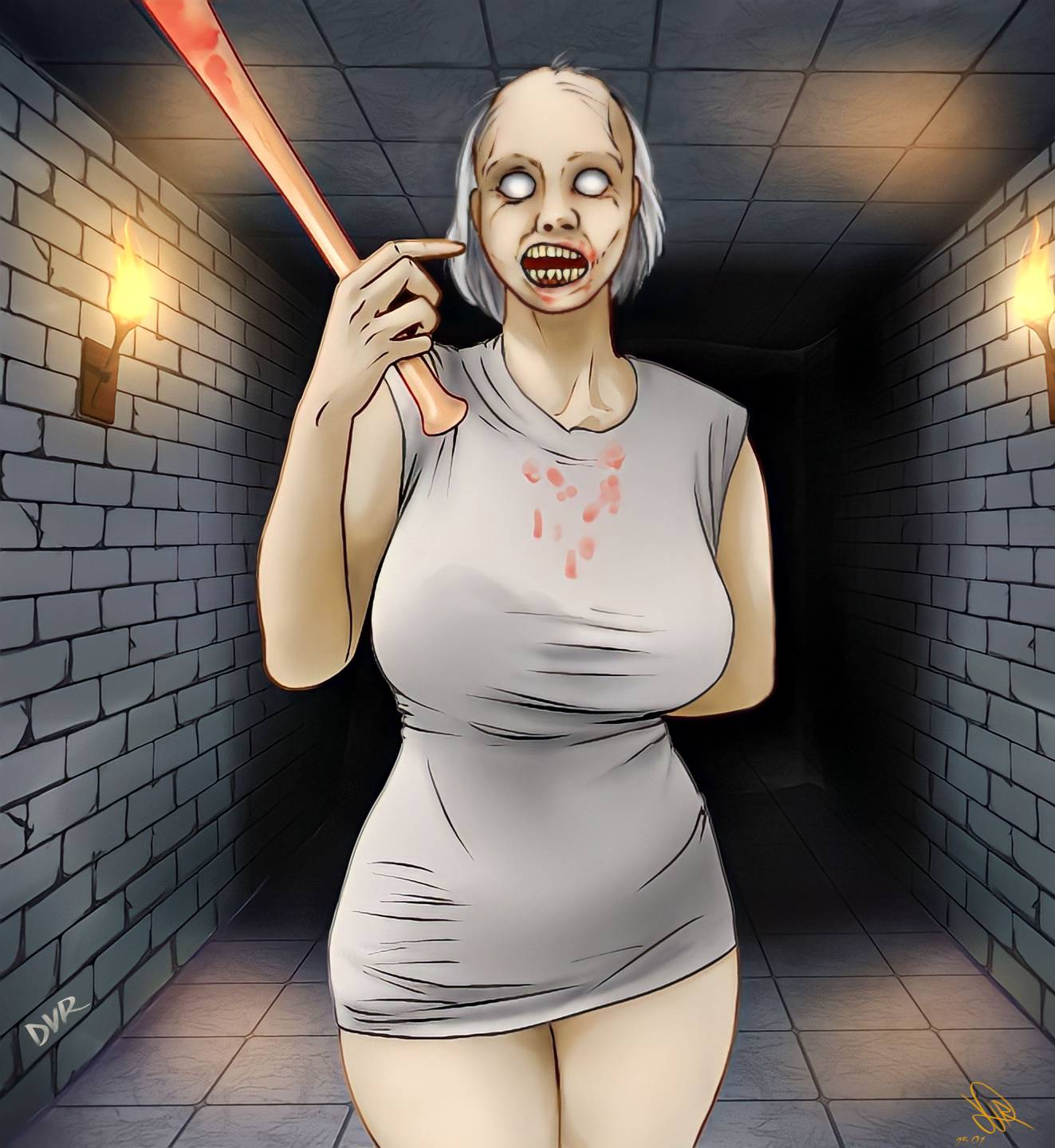 1girls, baseball bat, big breasts, breasts, clothed, clothed female, clothing, douglasvr, dvloper, female, female focus, female only, gilf, grandmother, granny (character), granny (game), granny: game (series), horror game, looking at viewer, mature, mature female, nightmare waifu, no pupils, old woman, open mouth, slendrina x, slendrina: (series), slendrina: horror game, solo, solo female, thick thighs, thighs, white hair