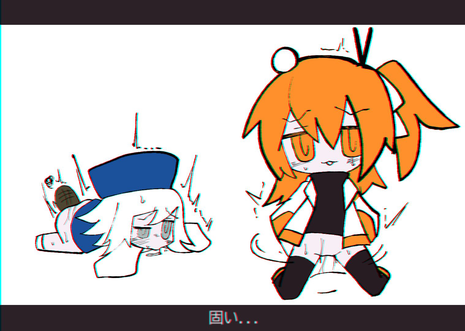 1boy, 2girls, a.i. voice, accurate art style, adachi rei, all fours, amazing moje, black border, black sweater, black thighhighs, blue dress, blue hat, border, bread, chibi, chibi only, cowgirl position, erotic chibi, female, food in ass, grey eyes, hair ribbon, hat, headlamp, jacket, letterboxed, male, motion lines, mv character, navel, open jacket, orange eyes, orange hair, original, pan kogekoge ni nacchatta (utau), penis, pov, pussy, radio antenna, robot, robot girl, sex, straight, super moje, sweater, translation request, turtleneck, turtleneck sweater, utau, vaginal penetration, vaginal sex, white hair, white jacket, white ribbon, white skin