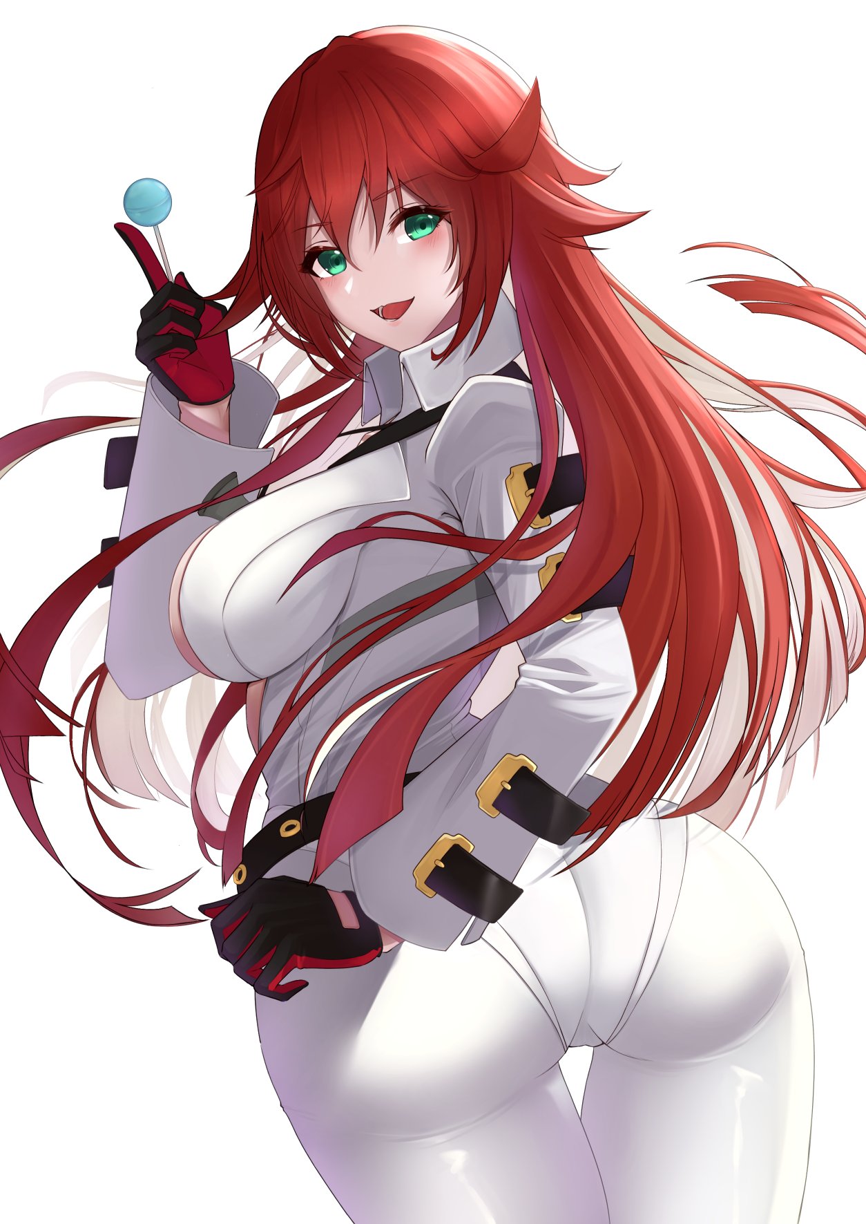 ass, belt, candy, female, female only, food, from behind, green eyes, guilty gear, guilty gear strive, highres, huge ass, jack-o' valentine, lollipop, looking back, mature female, messy hair, red hair, solo, thigh gap, white hair, wide hips