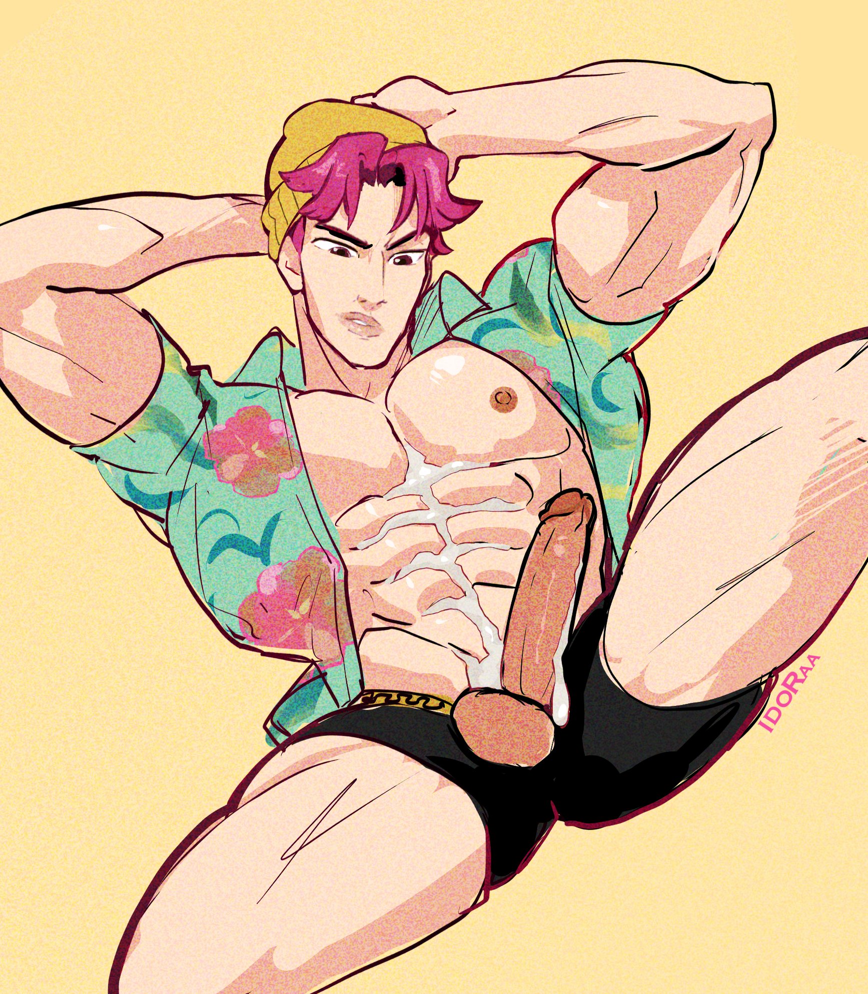 1boy, abby (kpop demon hunters), abs, already uploaded, big arms, big penis, cum, cum in abdomen, erection, gay, idoraad, korean, kpop demon hunters, lilprincyvi, male, male only, man only, muscular, muscular male, naked, nipples, open shirt, penis, pink hair, saja boys, solo, yaoi