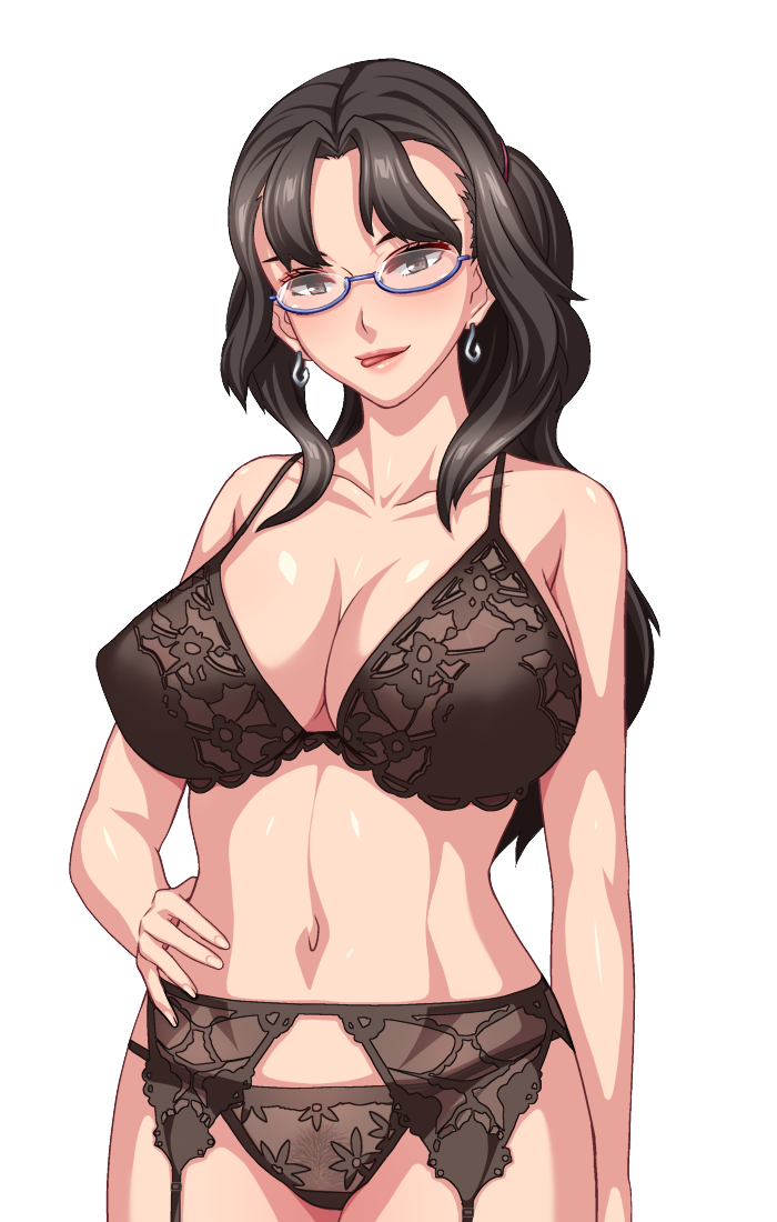 black_bra black_hair black_lingerie bra breasts brown_eyes brown_panties cleavage earrings female g-string game_cg garter_belt glasses hand_on_hip large_breasts lingerie long_hair megane miboujin_nikki milf misaki_fumika naughty_face navel orcsoft panties pubic_hair see-through stockings tongue transparent_background underwear