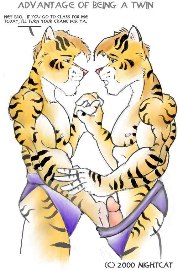 2000 blue_eyes brother brothers brown_hair dialogue furry gasp gay hair hand_holding incest male masturbation muscles nightcat nipples no_humans penis siblings smile stripes thong tiger twincest twins