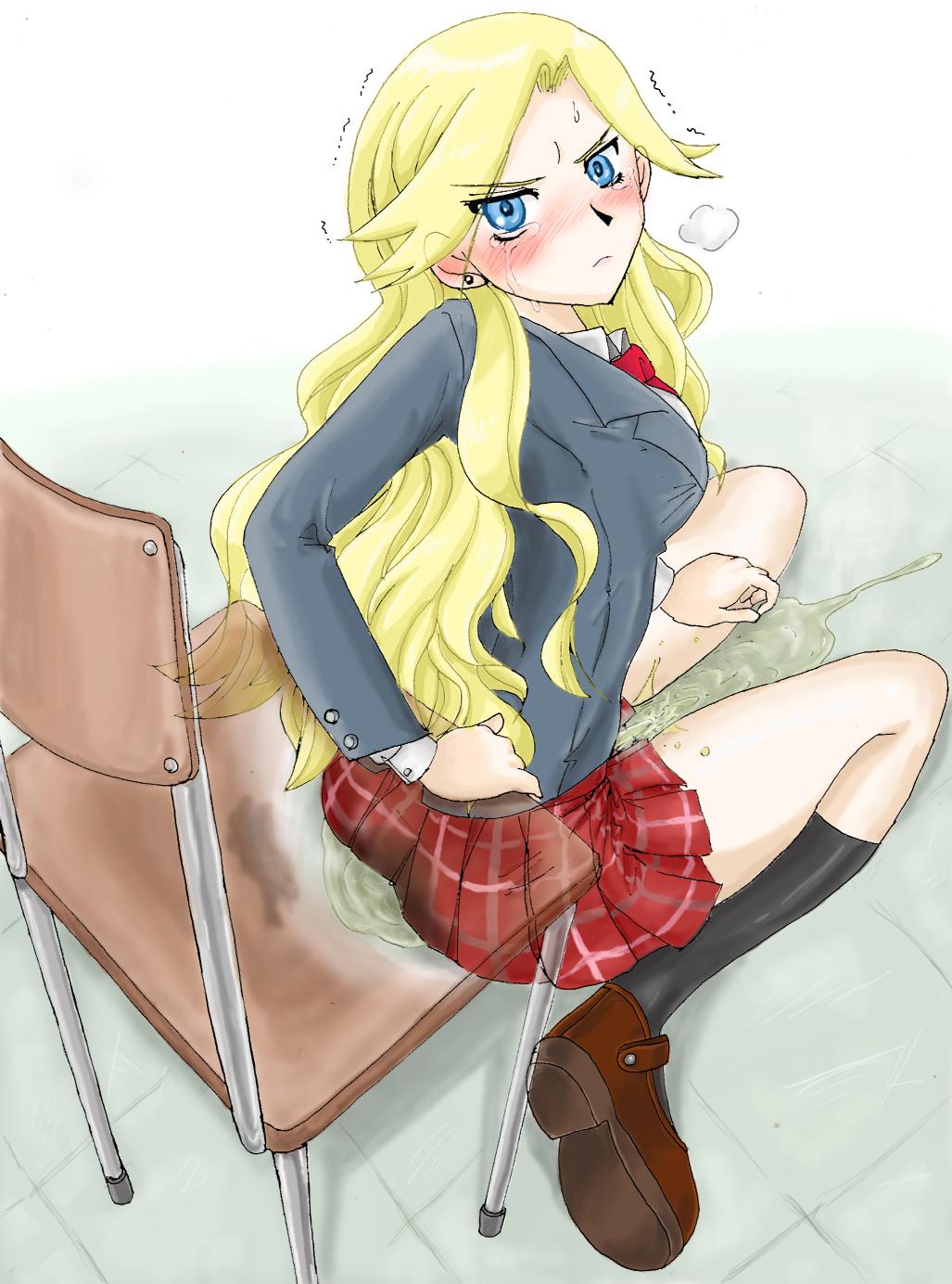 blonde_hair embarrassed humiliation kimura_kaere peeing sayonara_zetsubou_sensei school_uniform