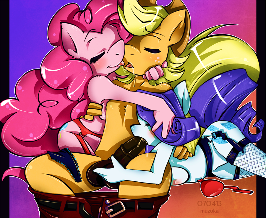 2013 anthro anthrofied applejack_(mlp) blonde_hair breasts closed_eyes cowboy_hat cutie_mark duo equine fellatio female freckles friendship_is_magic hair hat horse japanese_text kissing muzoka my_little_pony oral oral_sex pink_fur pink_hair pinkie_pie_(mlp) pony purple_hair rarity_(mlp) rule_63 saliva_string sex smooth_skin text