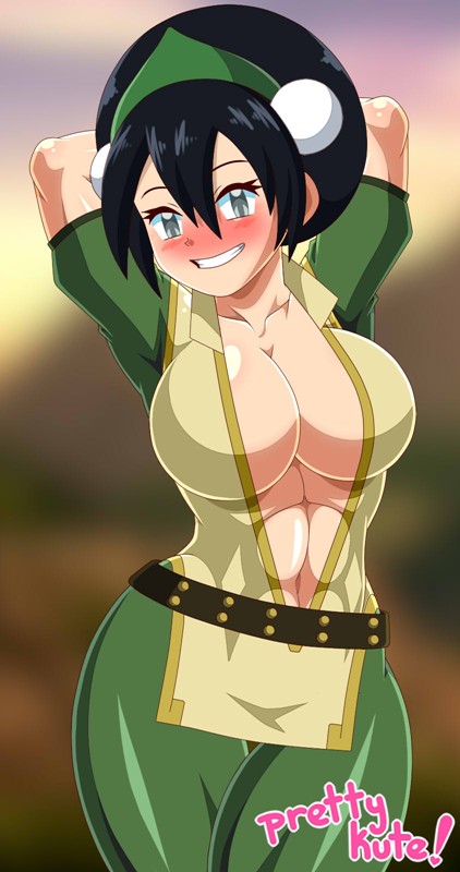 1girls, abs, alternate breast size, arms behind head, arms up, avatar the last airbender, blush, breasts, clothing, earth kingdom, female, female only, large breasts, pk-studios, pose, posing, sensual, smile, solo, toph bei fong