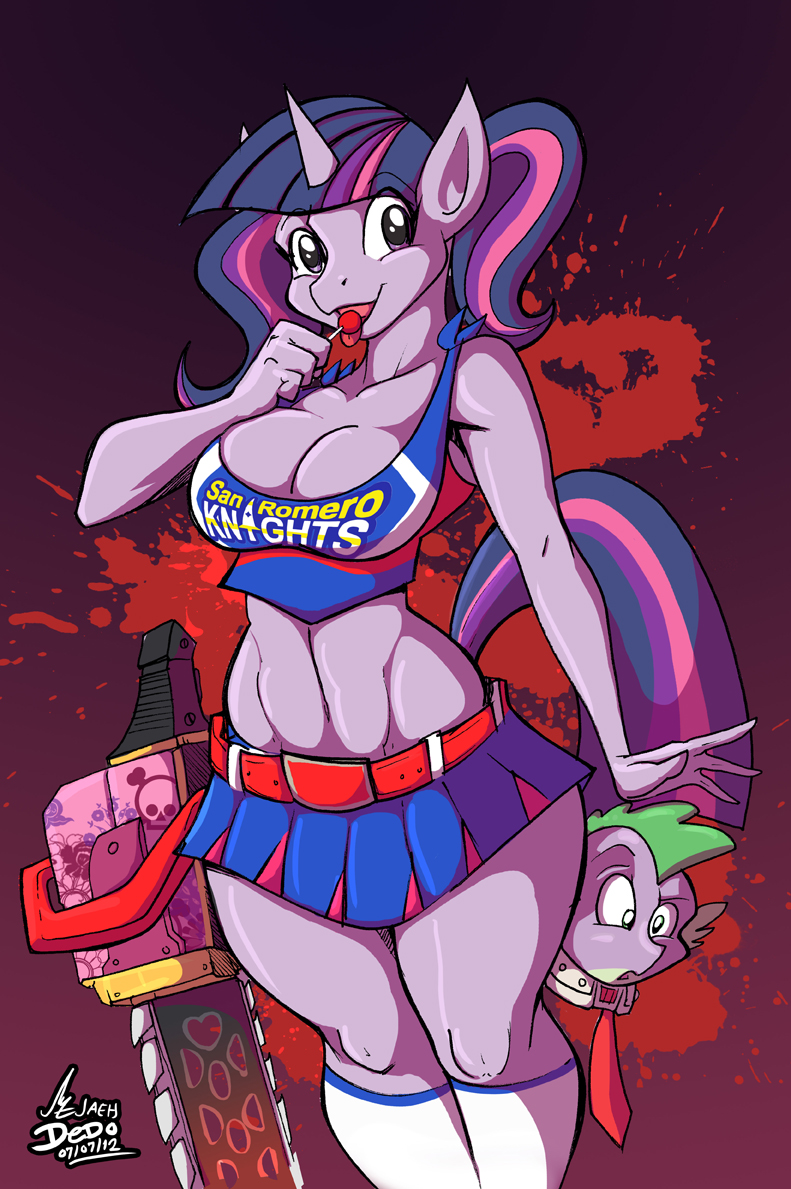 abs, anthro, breasts, chainsaw, cleavage, crossover, curvy, dragon, equine, female, female focus, friendship is magic, hair, hasbro, horn, horse, jaeh, juliet starling, lollipop chainsaw, male, my little pony, parody, pony, scalie, skimpy, smooth skin, spike (mlp), toned, twilight sparkle (mlp), unicorn, wide hips