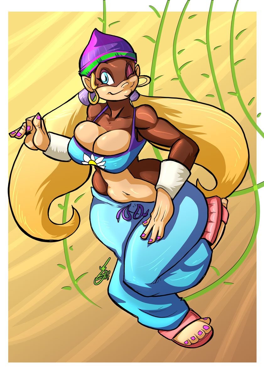 1girls, anthro, blonde hair, blue eyes, breasts, busty, cleavage, covered breasts, donkey kong (series), eyeshadow, female, female only, furry, hoop earrings, kong, nail polish, nintendo, solo, tied hair, tiny kong, twintails, voluptuous, wide hips, wink