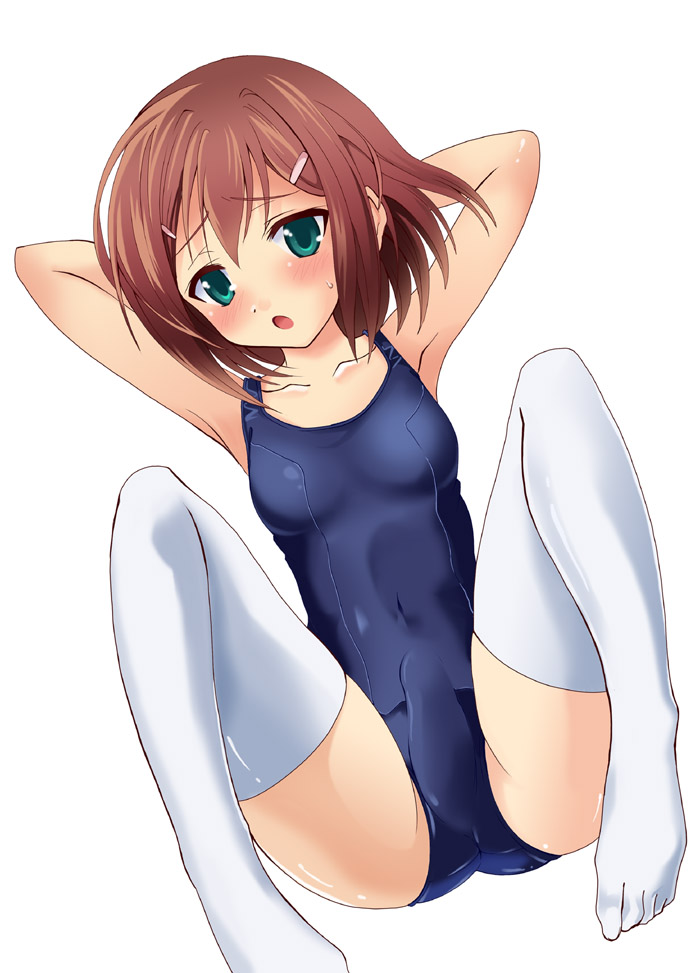 baka_to_test_to_shoukanjuu breast_padding brown_hair bulge crossdressing green_eyes kinoshita_hideyoshi male male_only mizugi one-piece_swimsuit solo sukumizu thighhighs trap