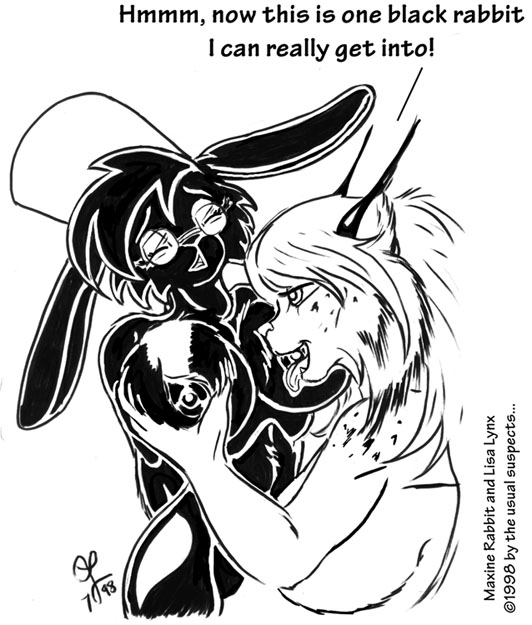 anthro big_breasts breasts closed_eyes eyewear feline female fur furry glasses lagomorph licking lisa_lynx lynx maxine_blackbunny nipples rabbit tongue