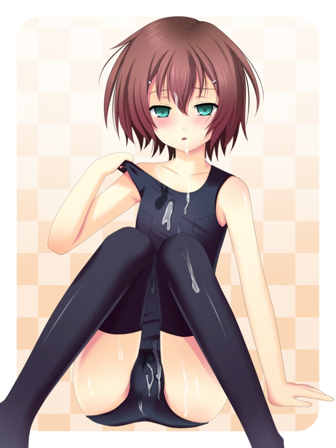 1boy, after oral, arm support, baka to test to shoukanjuu, blush, brown hair, bukkake, crossdressing, cum, cum in hair, cum in mouth, cum inside, cum on body, cum on clothes, cum on face, cum on hair, facial, femboy, gay, gingami, girly, green eyes, hairclip, kinoshita hideyoshi, male, male only, off shoulder, one-piece swimsuit, open mouth, school swimsuit, short hair, sitting, solo, sukumizu, swimsuit, tagme, thighhighs, trap, yaoi