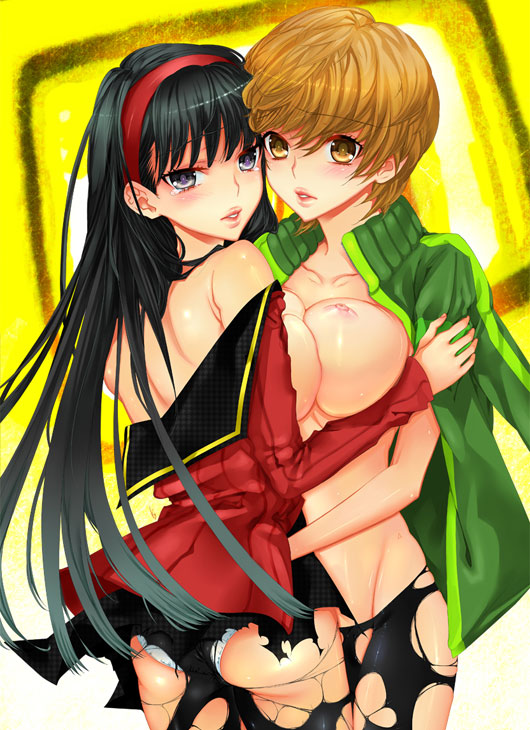2girls alternate_breast_size amagi_yukiko atlus big_breasts bike_shorts black_hair black_hair_female blush bob_cut bottomwear breast_press breasts breasts_out brown_eyes brown_eyes_female brown_hair brown_hair_female clothing erect_nipples exposed exposed_breasts female female/female female_focus female_only hairband human large_breasts light-skinned_female light_skin long_hair long_hair_female looking_at_viewer megami_tensei multiple_girls nipples outerwear panties persona persona_4 satonaka_chie sega short_hair shorts sportswear symmetrical_docking tomboy torn_clothes underwear yuri