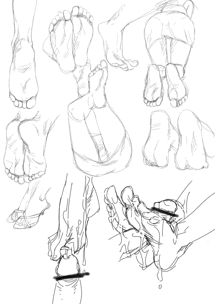 barefoot censored cum cum_on_body cum_on_feet cum_on_lower_body feet female footjob monochrome penis sketch soles toes