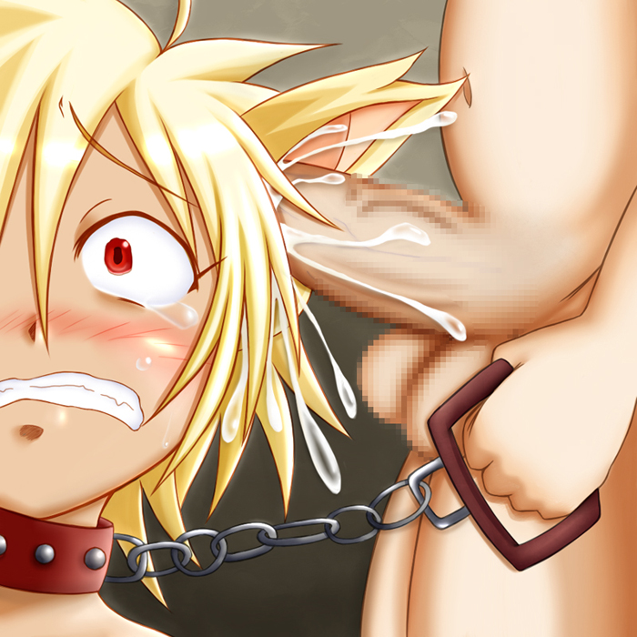 ambiguous_gender animal_ear balls blonde_hair blush censored collar cum cum_in_ear cum_inside ear_insertion ear_penetration male penis red_eyes tears