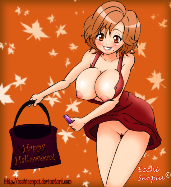 bag blush breasts brown_eyes brown_hair candy ecchisenpai halloween happy_halloween huge_breasts mole pussy thigh_gap thighs uncensored vagina