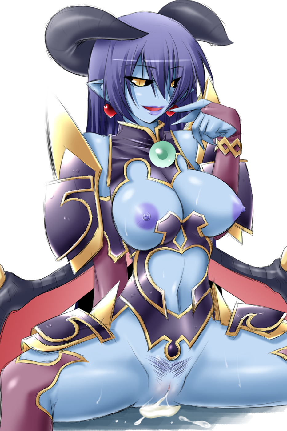 armor astaroth astaroth_(shinrabanshou) black_sclera blue_skin breastless breasts clothes clothing crotchless cum demon demon_girl earring earrings heart_earring highres horns jewelry large_breasts pubic_hair pussy reverse_bikini_armor shinrabanshou uncensored unconvincing_armor vagina yellow_eyes