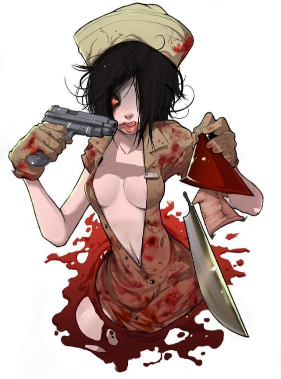 1girls black_hair blade blood breasts creepy demon_nurse gloves hat licking_lips nurse nurse_(silent_hill) pistol pyramid_head red_eyes silent_hill silent_hill_2 silent_hill_3 solo