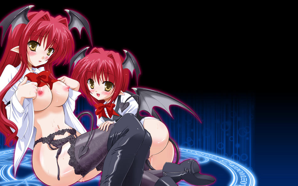 2girls ass bat_wings breasts clone female female_only head_wings koakuma lingerie multiple_girls open_clothes open_shirt pointy_ears red_hair shirt succubus the_embodiment_of_scarlet_devil thighhighs touhou underwear wings yellow_eyes