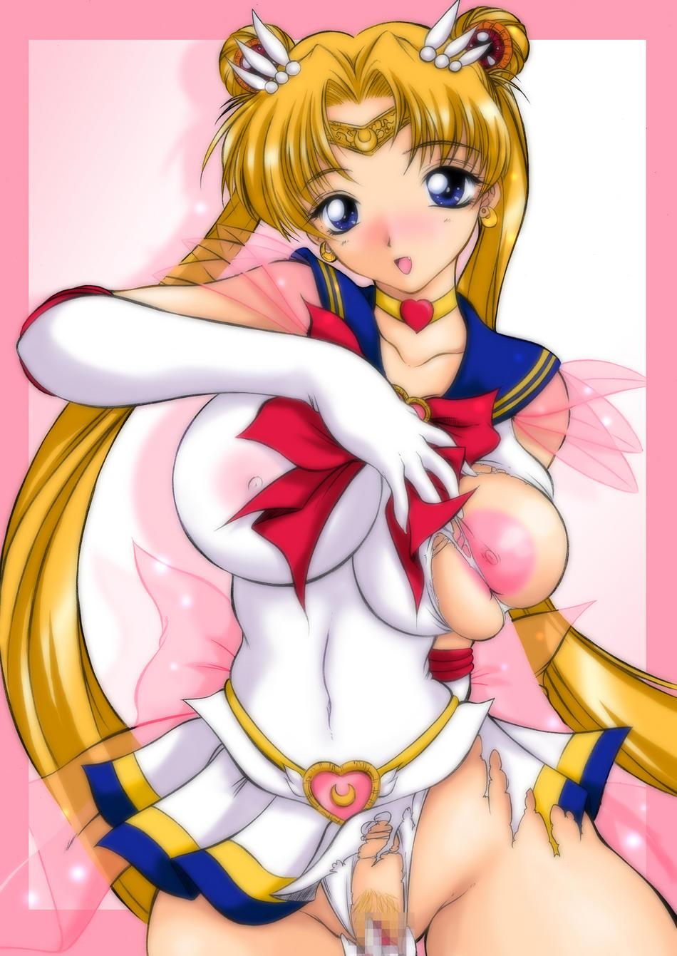 bishoujo_senshi_sailor_moon blonde_hair blue_eyes blush breasts censored choker clothed_masturbation clothing erect_nipples erect_nipples_under_clothes highres large_breasts large_nipples masturbation nipples onizuka_takuto panties pubic_hair sailor_fuku sailor_moon skirt tied_hair torn_clothes twintails usagi_tsukino