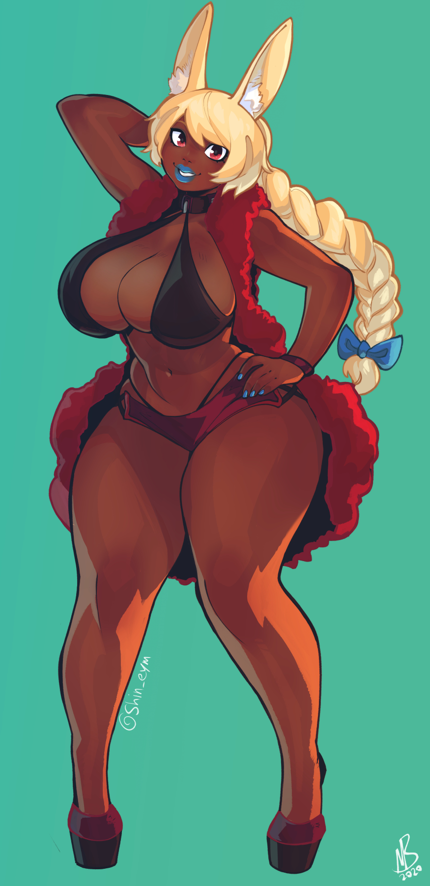 1girls big_breasts braid breasts bunny_ears bunny_girl cassandra_(mrsithums) cleavage dark-skinned_female dark_skin eymbee female large_breasts looking_at_viewer original solo thick_thighs white_hair wide_hips