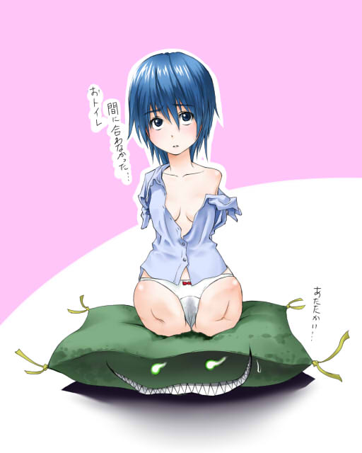 amputee blue_eyes blue_hair breasts dry-man female panties pillow quadruple_amputee shirt sitting stain underwear
