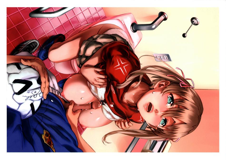 aqua_eyes ball breasts female male nishieda original paizuri penis soccer_ball straight sweat tied_hair toilet twintails uncensored